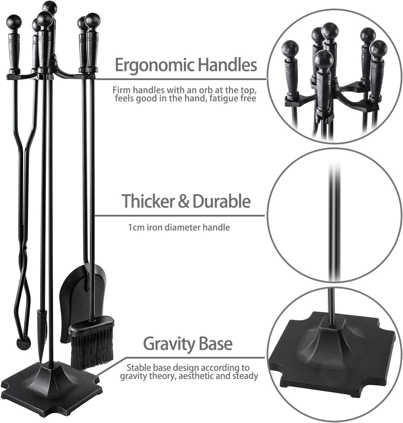 Creative Product WBHome Fireplace Tools Set 5 Pieces Wrought Iron Fireset Fire Pit Poker Wood Stove Log Tongs Holder Fireplace Tool Set With Pedestal Place, 32 Inch (Black All)