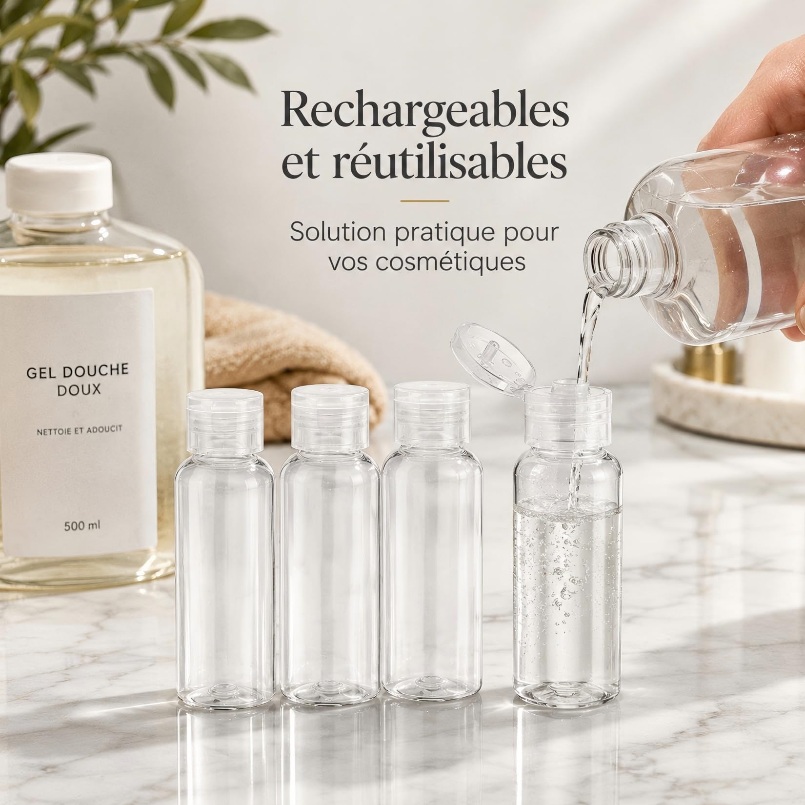 Kit de 4 Flacons de Voyage Vides Transparents 20 ml en Plastique, Accessoires de Voyage Pratiques pour Cosmétiques, Lotion, Shampoing et Gel Douche