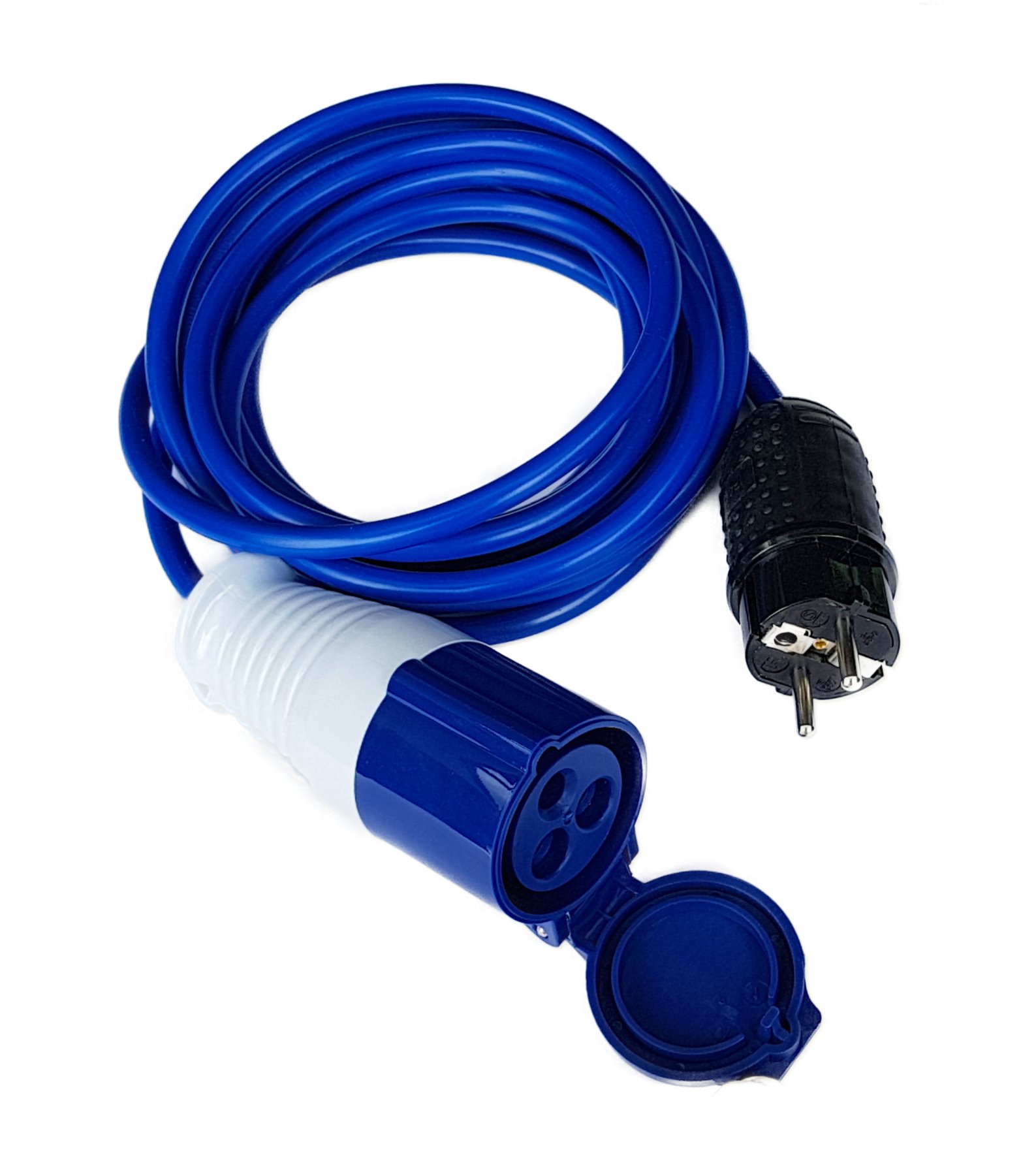 CEE 7/4 7/7 Type E/F schuko plug to Blue UK 16A Power Hookup Cable. 220v / 250v AC 16Amp IP44 Outdoor Rated (30 Metre) — image 1