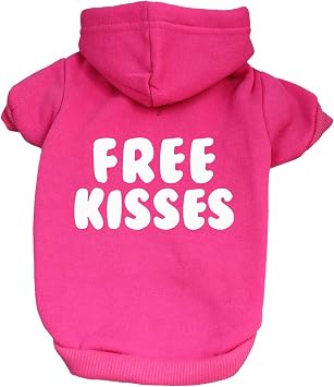Free Kisses Dog Hoodie Fleece Lined Pullover Sweatshirt with Leash Hole Hot Pink, Medium 727