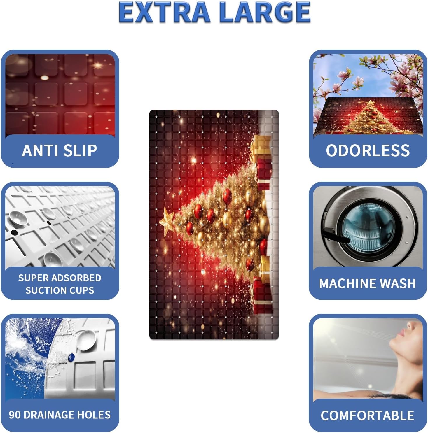 Bath Tub Shower Mat Non Slip 26.8in x 15in Large Bath Mat with Suction Cups Kids and Elderly Bathtub Mats Red Christmas Tree Gift