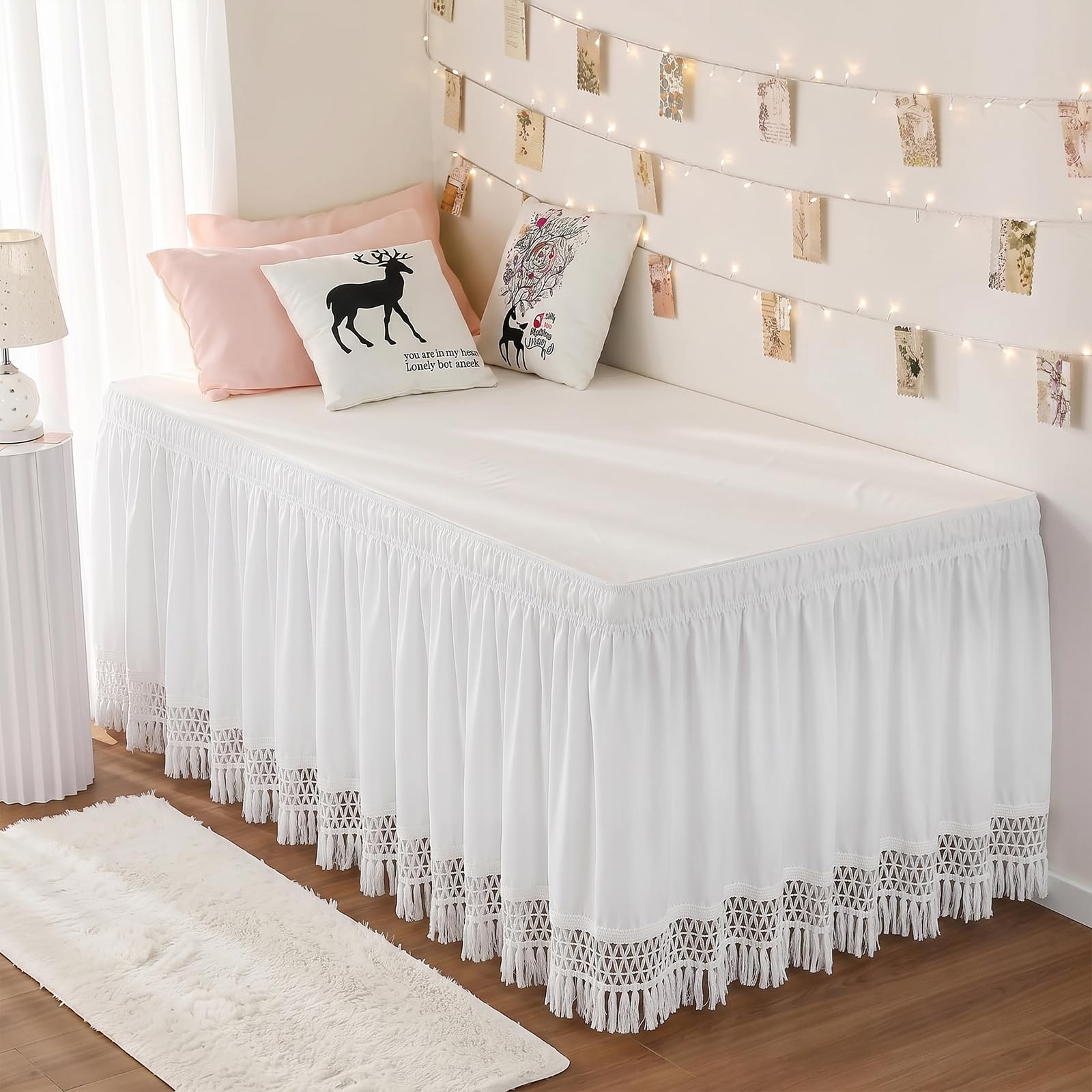 RIMELA Tassel Trim Dorm Bed Skirt Twin XL 36 Inch Drop, Wrap Around Elastic Dust Ruffle Easy to Install, Bedskirt Solid Silky Fabric Machine Washable, Bedroom Decor