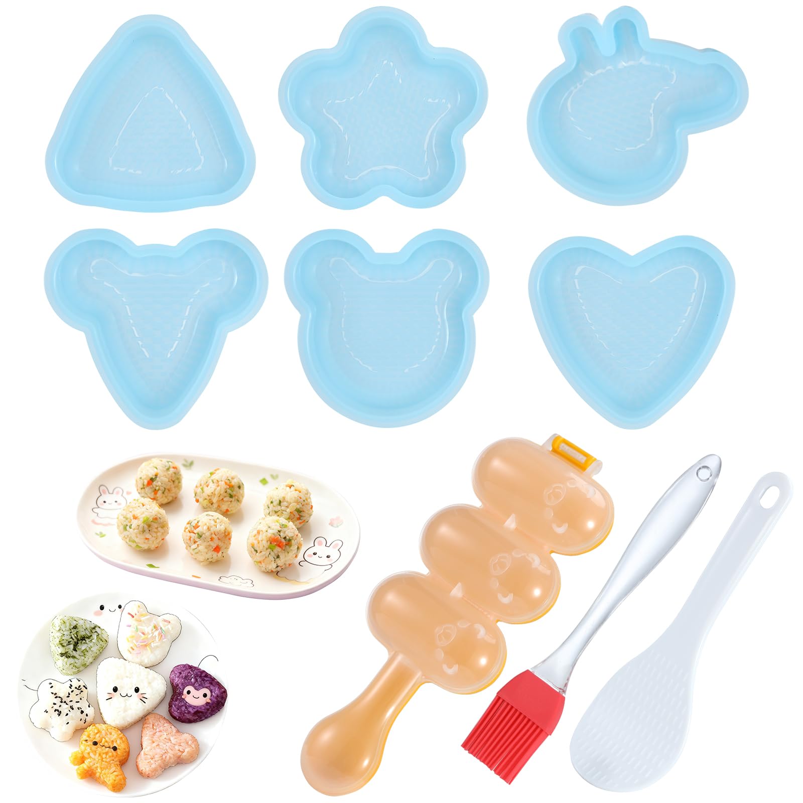 GCRQ Onigiri Mold, 9 Pcs Triangle Rice Ball Mold Sushi Maker Kit Musubi Press with Rice Paddle and Brush for Lunch Bento and Beginners(Blue)