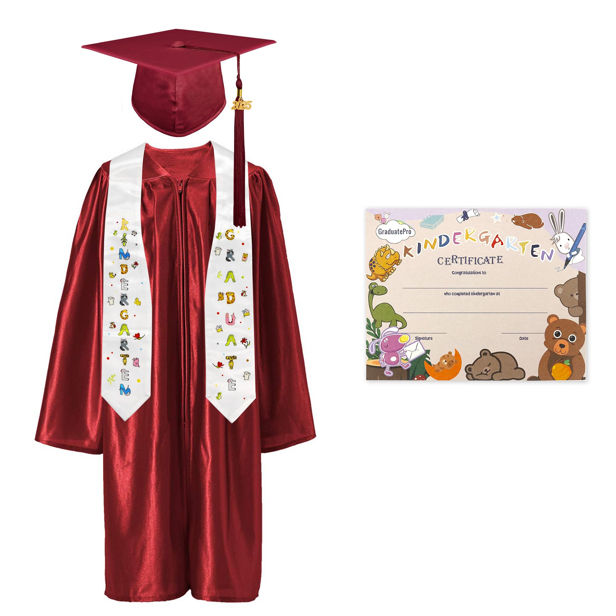 GraduatePro Kindergarten Graduation Cap and Gown Package Class of 2025 for Kids with Stole Certificate