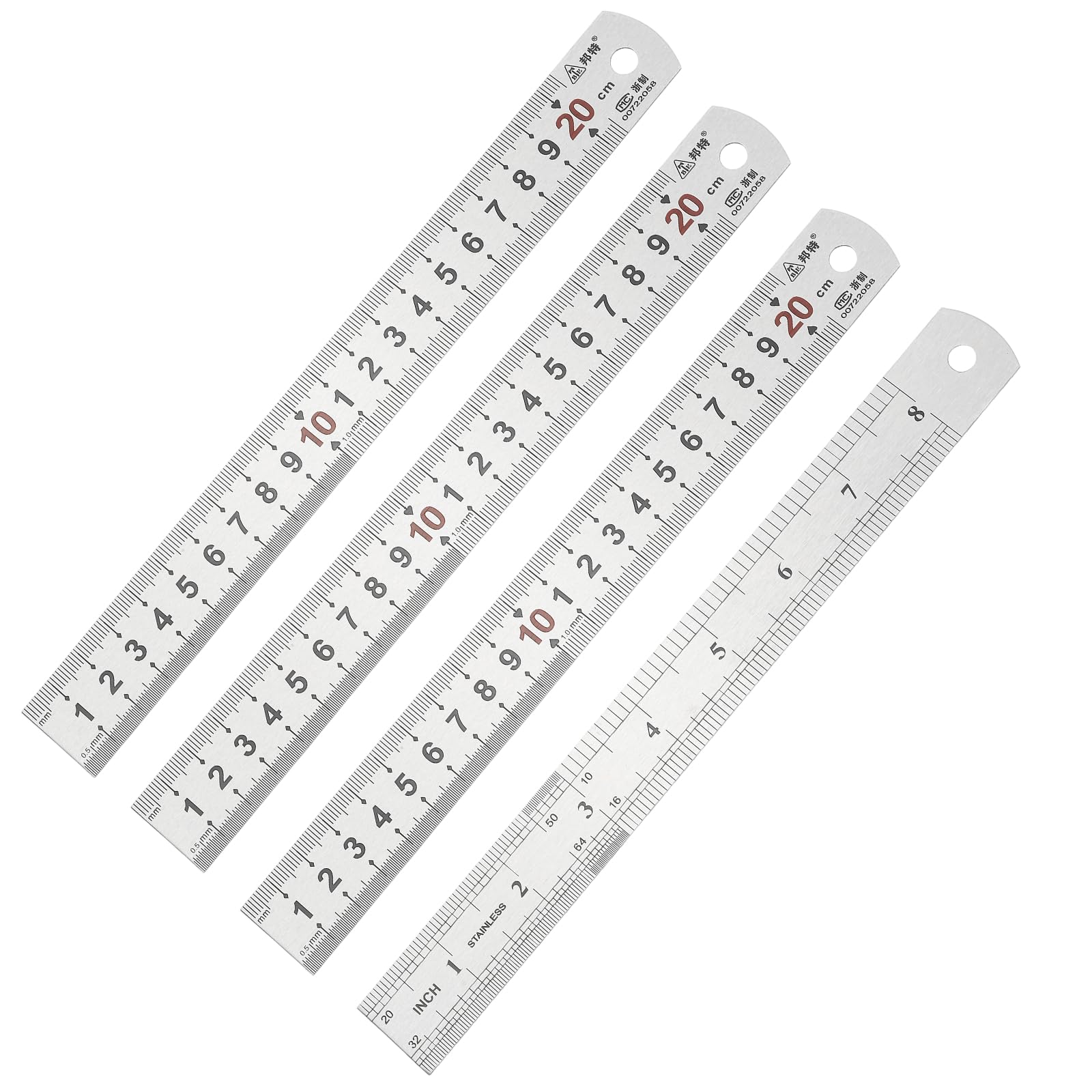 PATIKIL 20cm/8" Metal Straight Ruler, 4Pcs Stainless Steel Ruler Etching Process Inch Millimeter Graduations for Measuring Engineer Construction
