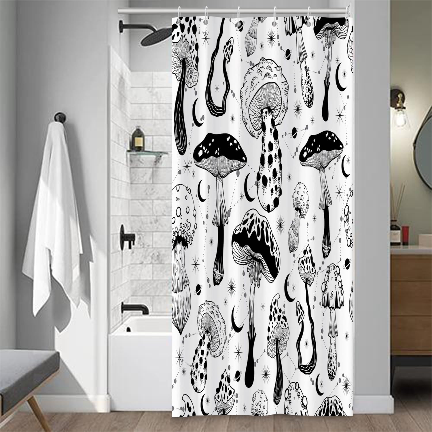 Mushrooms Psychedelic Retro 70s 60s Hippie Black and White Bathroom Shower Curtain, Washable Durable Fabric, 36x72 Inch with Hooks
