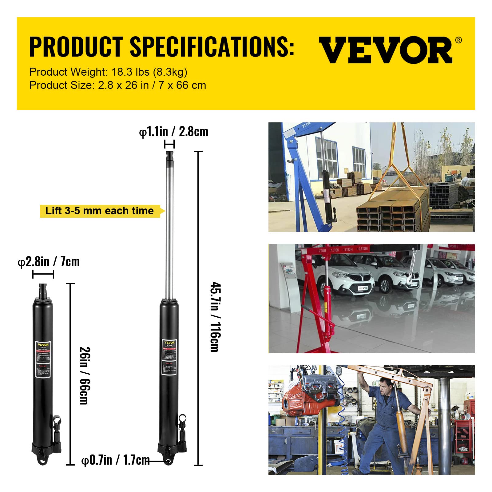 VEVOR Vérin Hydraulique Long pour Grue d'Atelier 3 T, Cylindre Hydraulique Support Moteur avec Pompe à Simple Piston et Base à Chape, Tige Hydraulique pour Chèvre Levage Moteur, Entretien, Noir