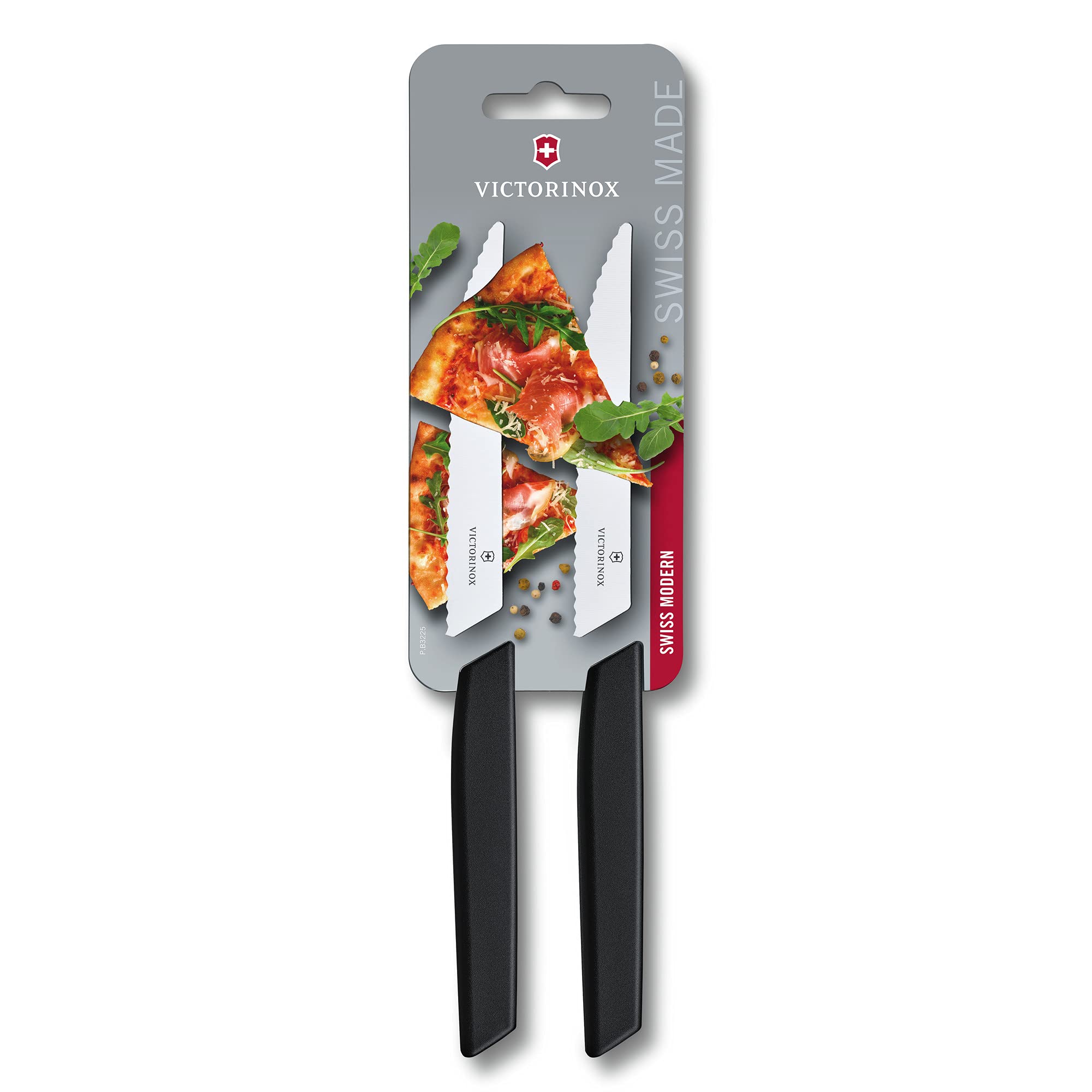 Victorinox Swiss Modern, juego de cuchillos profesionales para carne, 2 piezas, hoja extra afilada, filo dentado, 12 cm, acero inoxidable, negro