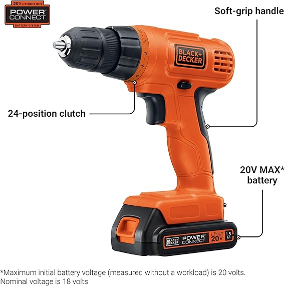 BLACK+DECKER 20V MAX POWERCONNECT Power Drill Cordless Drill Driver Electric Screwdriver with 30 Piece Bit Set, Battery and Charger Included (LD120VA)