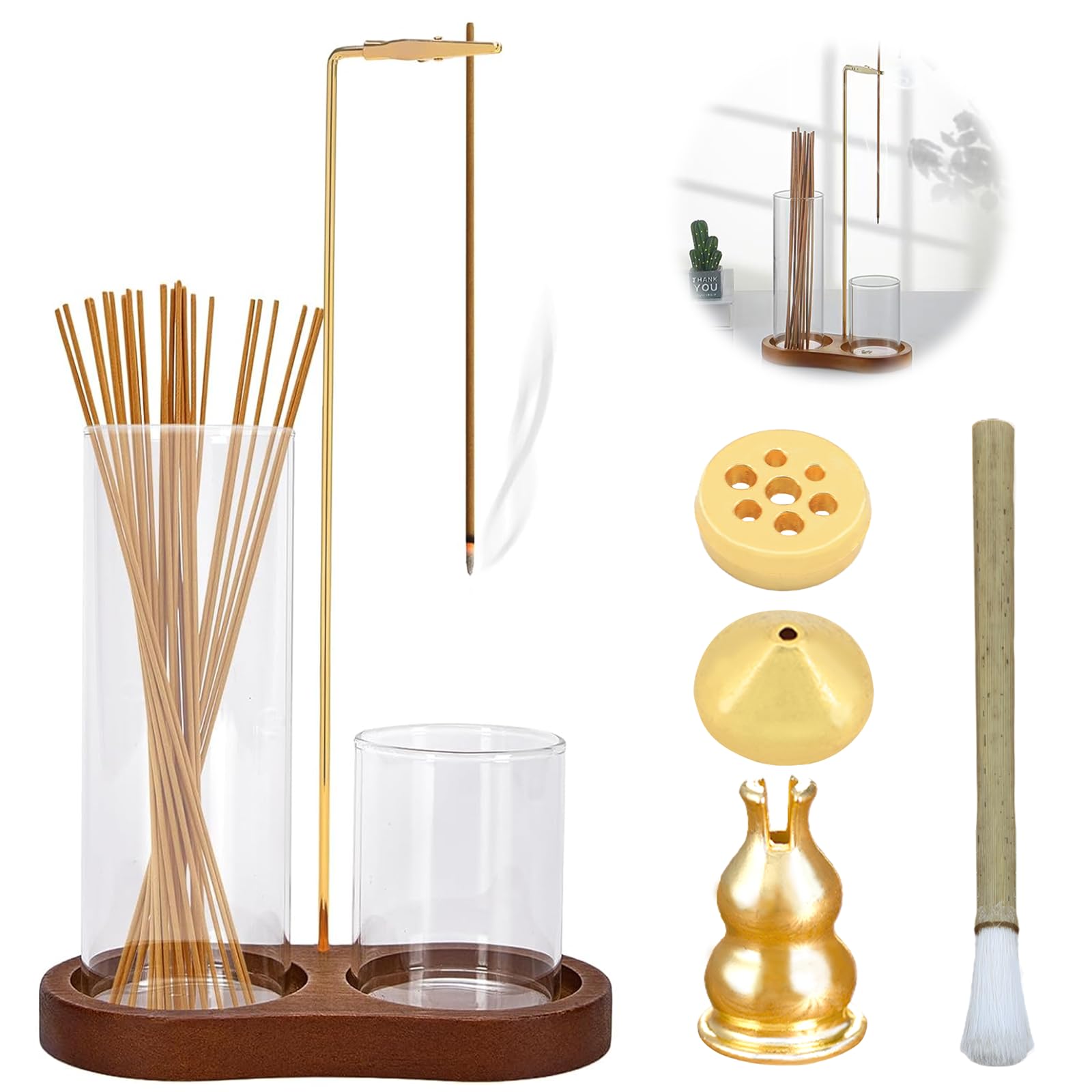 SOLIVIVE 2 in 1 Upside Down Incense Holder with Ash Removal Brush & 3 Extra Holders, Removable Glass Ash Catcher & Wooden Base, Incense Burner for Yoga, Meditation, Spa, Home Decor & Aromatherapy