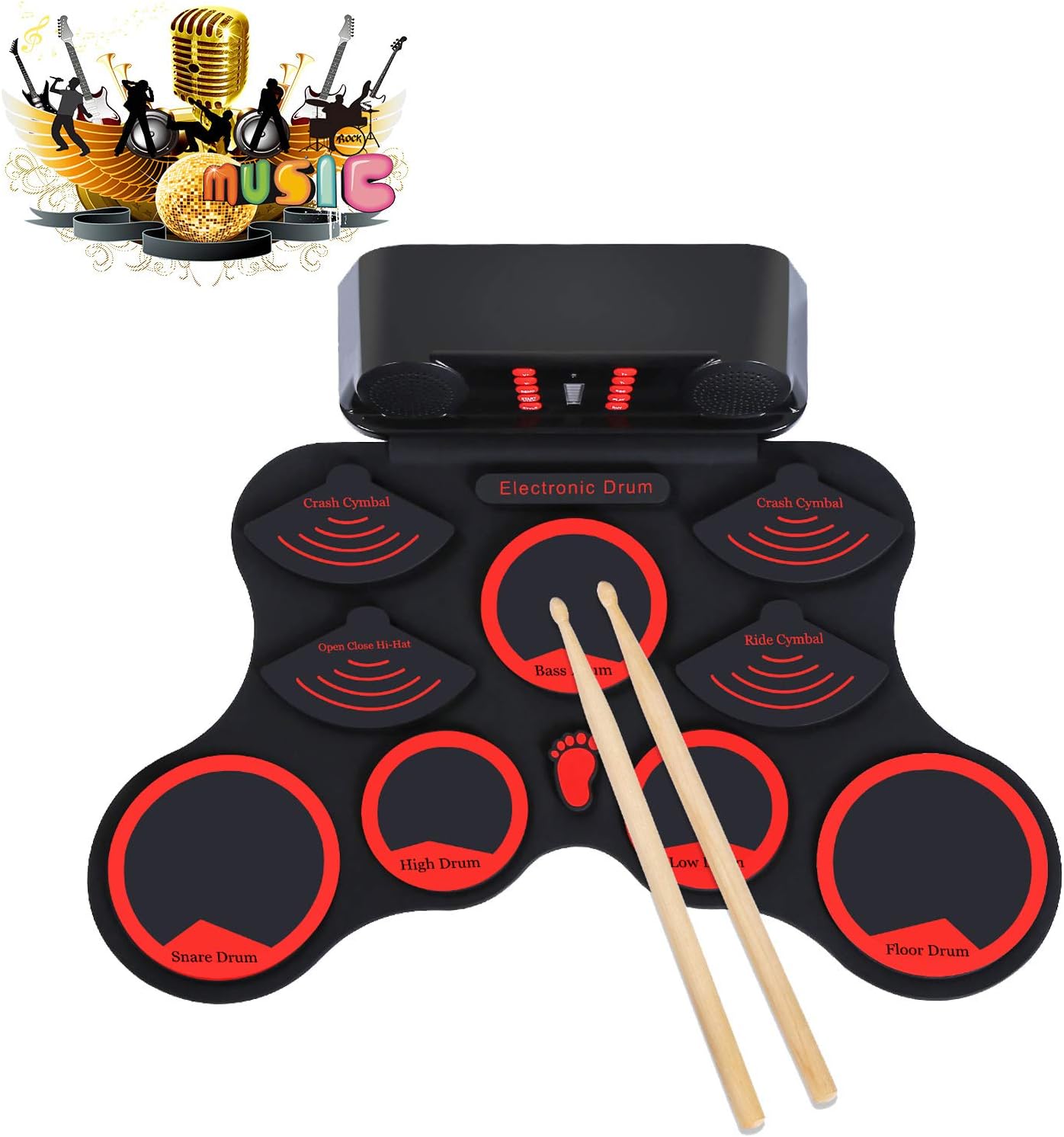 Elejolie Electric Drum Set for Kids Roll Up Drum Practice Kit Portable Rechargeable Drum Kit with Headphone Built-in Dual Speaker Drum Pedals Drum Sticks Children Beginners Gift for Festival