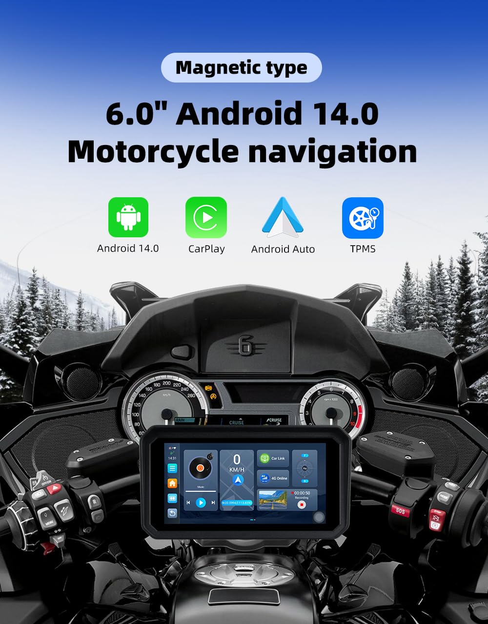 6" Android Moto CarPlay Display, 4G SIM App, Doppia 1080P Dash Cam | TPMS, Navigatore GPS Impermeabile IP67, Download App 4G, Supporto Magnetico, TPMS Pressione Pneumatici & Telecomando Manubrio