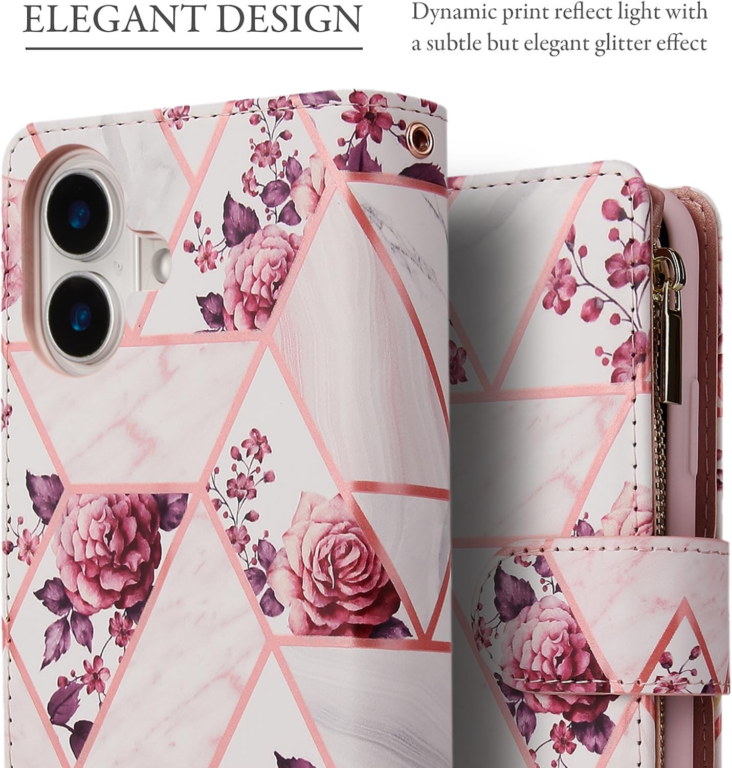 UEEBAI Wallet Case for iPhone 16, PU Leather Wallet Magnetic Closure Handbag Zipper Pocket Cover Kickstand Card Slots with Hand Strap Marple Flip Case for Women - Pink Flower - Image 5