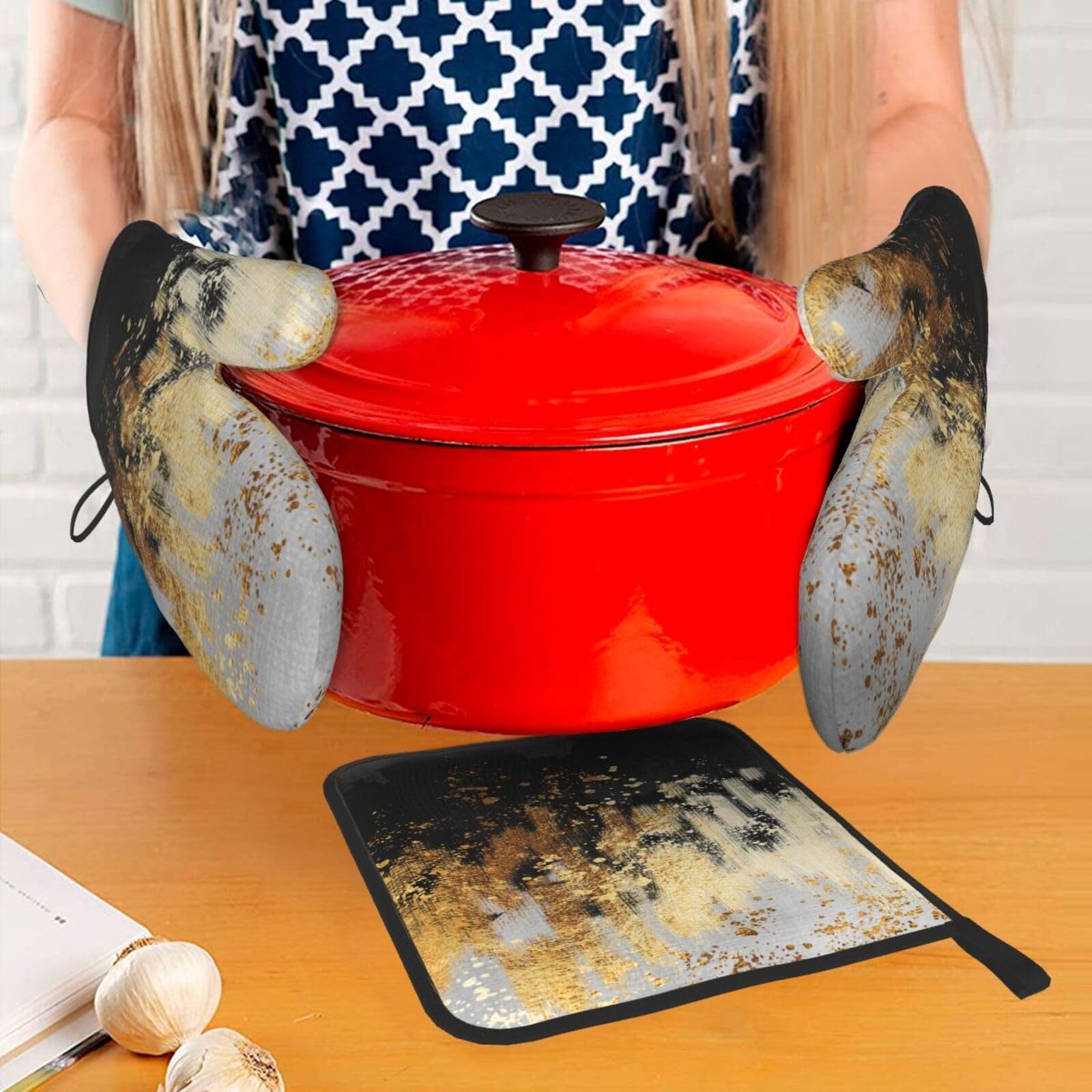 Ofenhandschuh und Topflappen, abstrakte Kunst, 3er-Set, hitzebeständige Küchenhandschuhe zum Kochen, Backen, Grillen, Urlaub, Küchendekoration