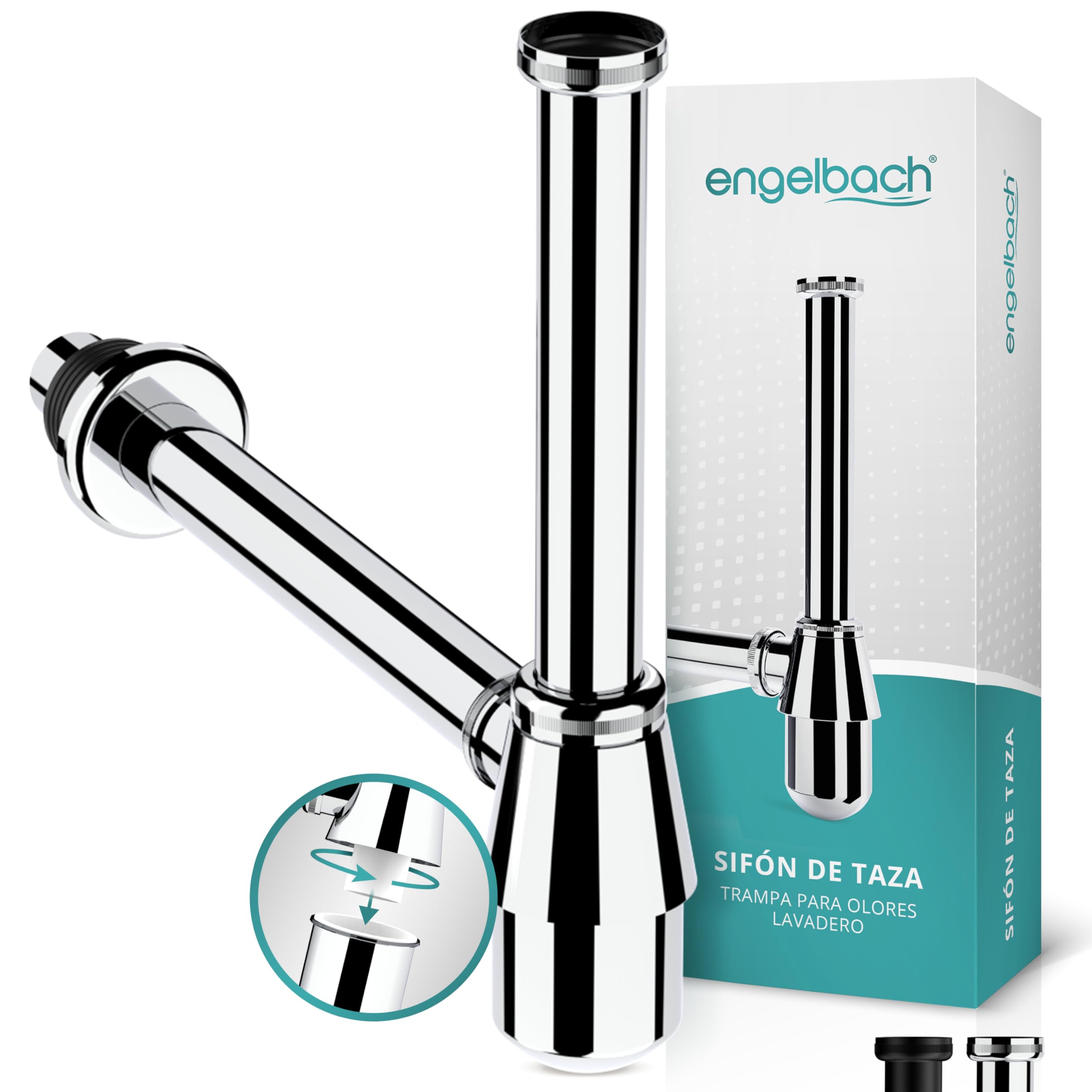 Engelbach® sifón lavabo - Tapa bote sifónico - Sifón universal flexible, desagüe lavabo cromado 1 1/4" - Bote sifónico antiolores, tubo desagüe lavabo y tapa con válvula