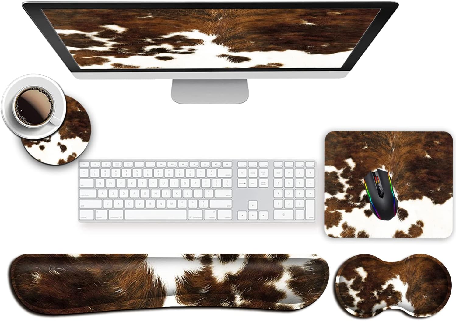 Keyboard Wrist Rest and Mouse Wrist Rest Support Padded Memory Foam Set, Durable Non-Slip Base for Computer Laptop Office Accessories,Ergonomic Mouse Pad Cute Cow Cowhide Desktop Decoration