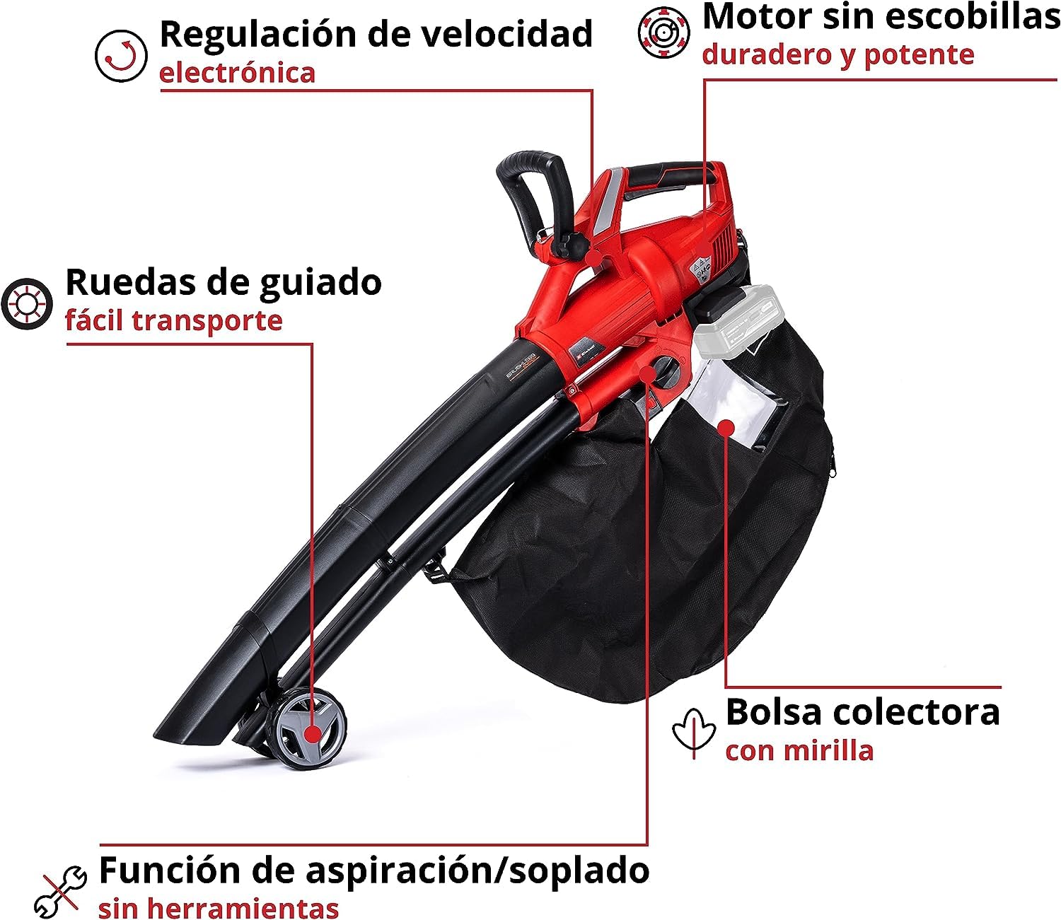 Einhell GE-CL 36 Li E Solo - Aspirador-soplador de Hojas con tecnología Power X-Change 2x18V (Flujo de Aire de 210 km/h, Bolsa de 45 l, 8000-13000 RPM) (Ref. 3433600)