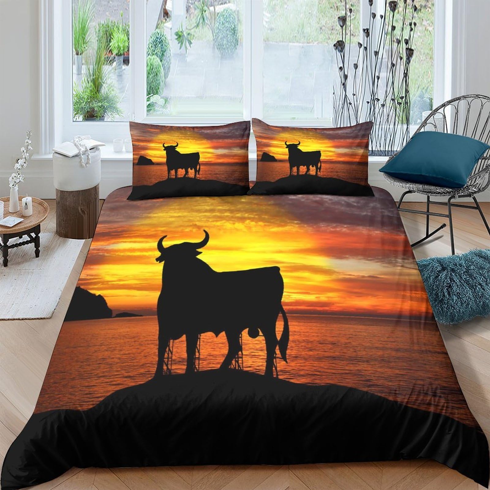 Ctjqhvkz Style-8 3D Printed Sunset Bull Fitted Sheet Microfiber Soft Anti-Slip Wild Animal Bed Cover For Bedroom Guest Room Decor Single（135X200cm）