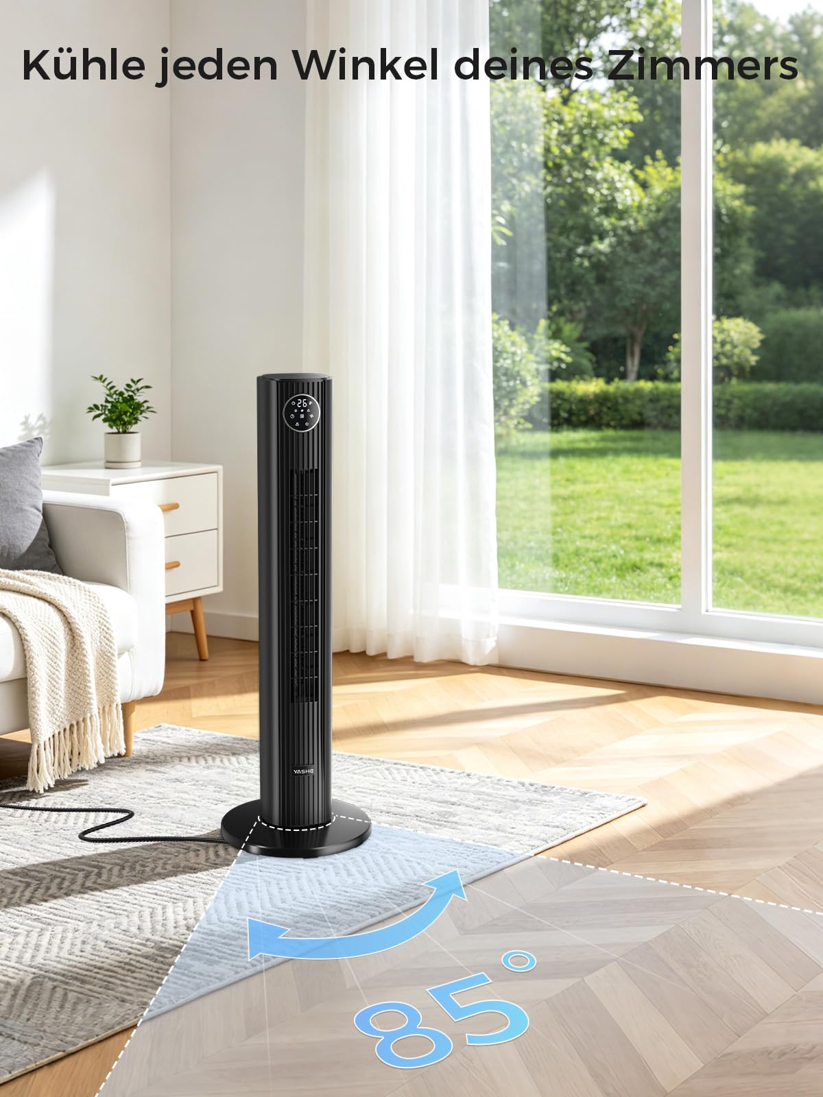 YASHE Turmventilator 90 cm mit Fernbedienung, leiser Standventilator 28 dB, 3 Geschwindigkeiten, 4 Modi, 85° Oszillation, LED-Touch-Display, 12 Std. Timer