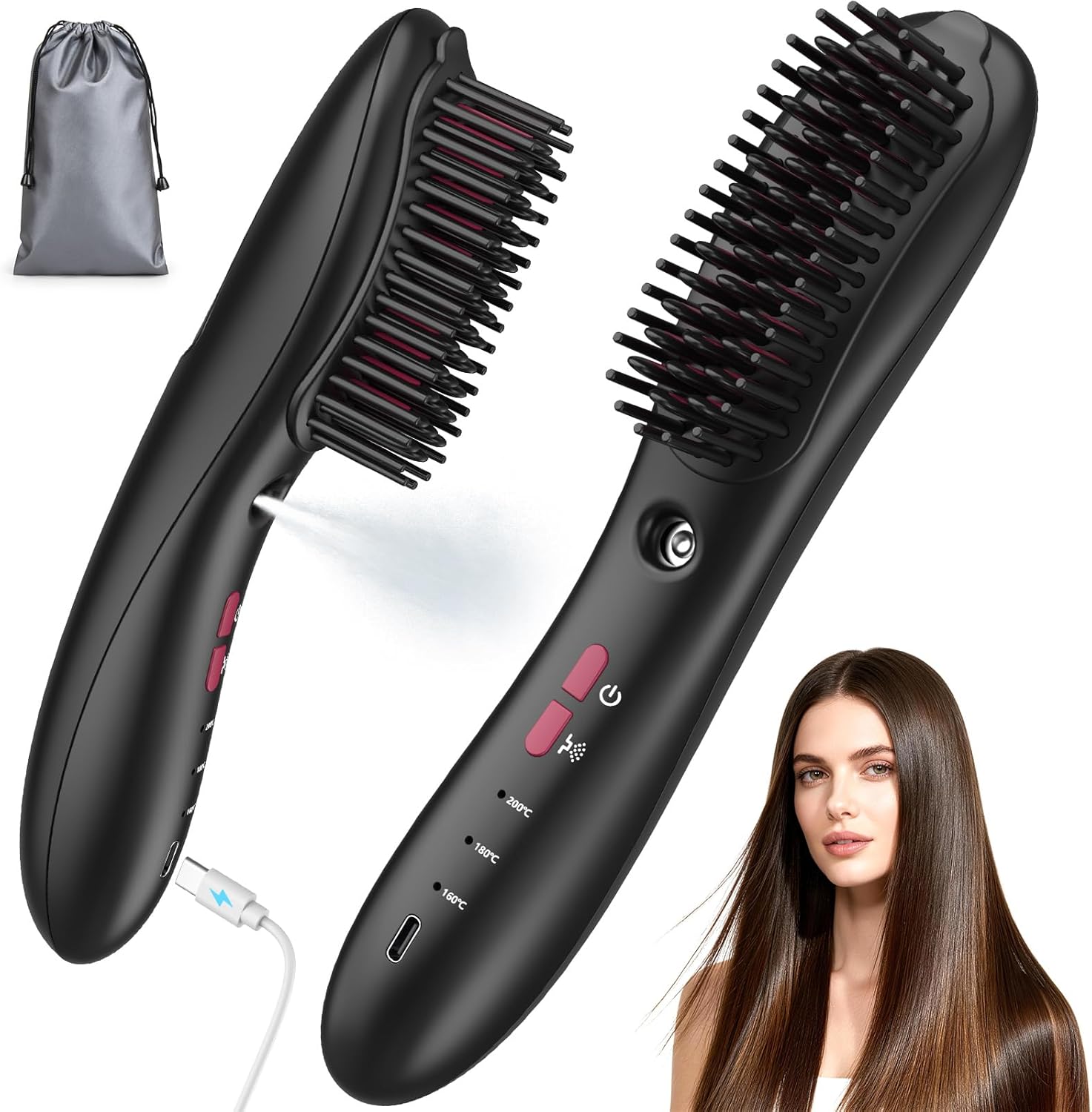 Wireless Straightener Comb with Spray Mist - 3 in 1 Straightening Brush, 3 Temp Settings, 3000mAh Rechargeable, 50 Min Runtime, for All Hair Types