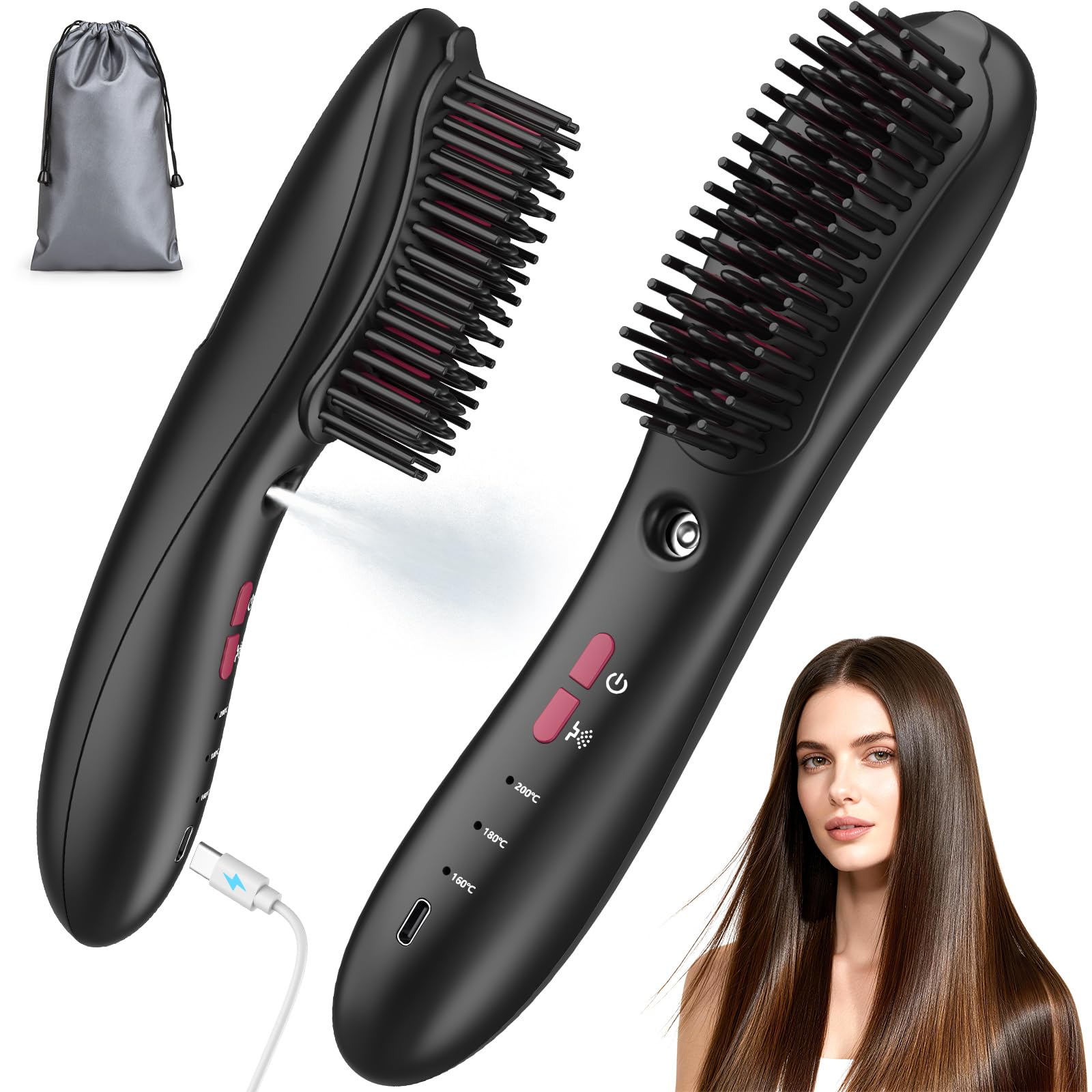 Photo 1 of ***FOR PARTS ONLY/ DAMAGED*** Wireless Straightener Comb with Spray Mist - 3 in 1 Straightening Brush, 3 Temp Settings, 3000mAh Rechargeable, 50 Min Runtime, for All Hair Types