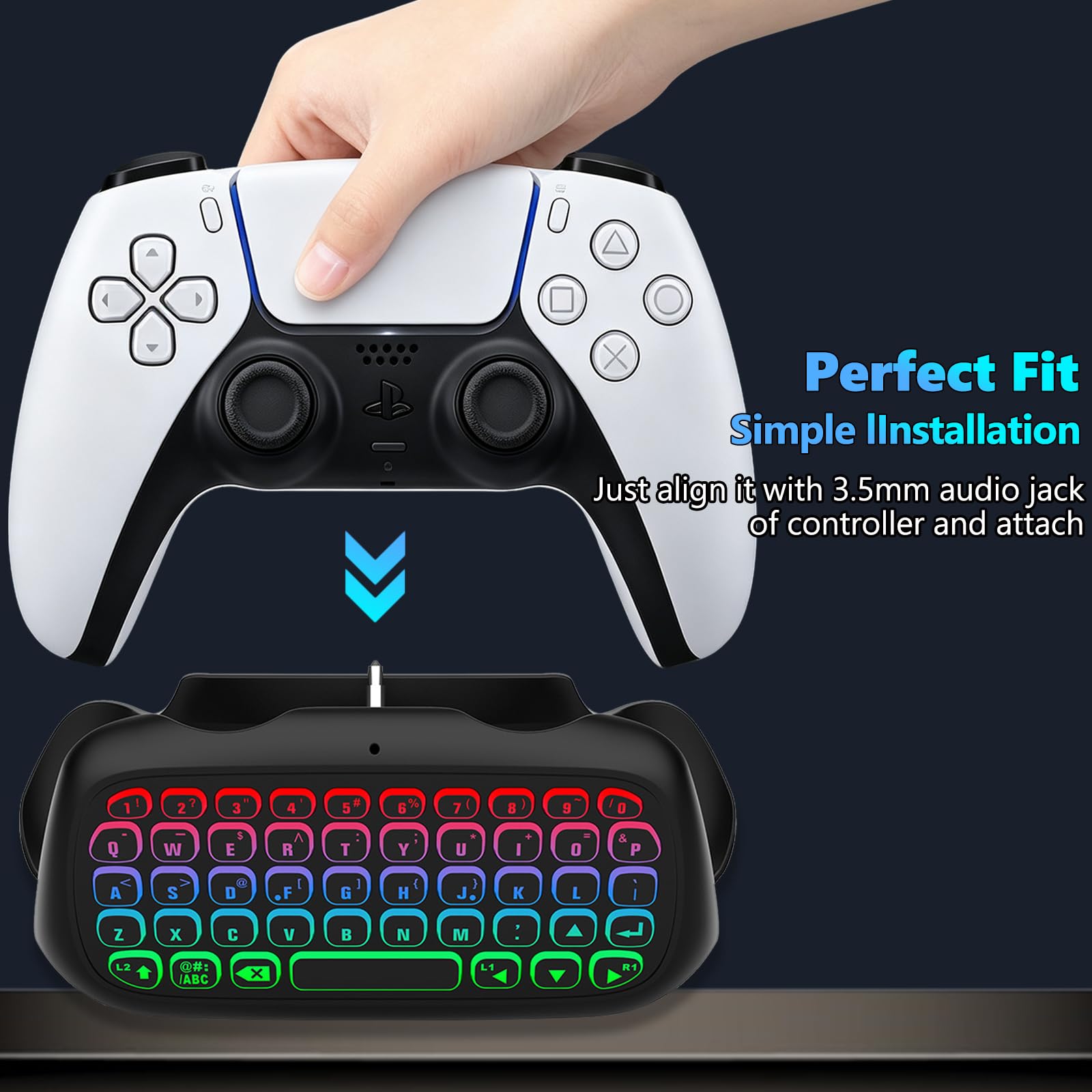 Megadream per PS5 Controller Keyboard, Bluetooth Chatpad 47 tasti tastiera per PS5 DualSense Controller DualSense Edge Controller, luce RGB, altoparlante integrato, jack audio da 3,5 mm, nero