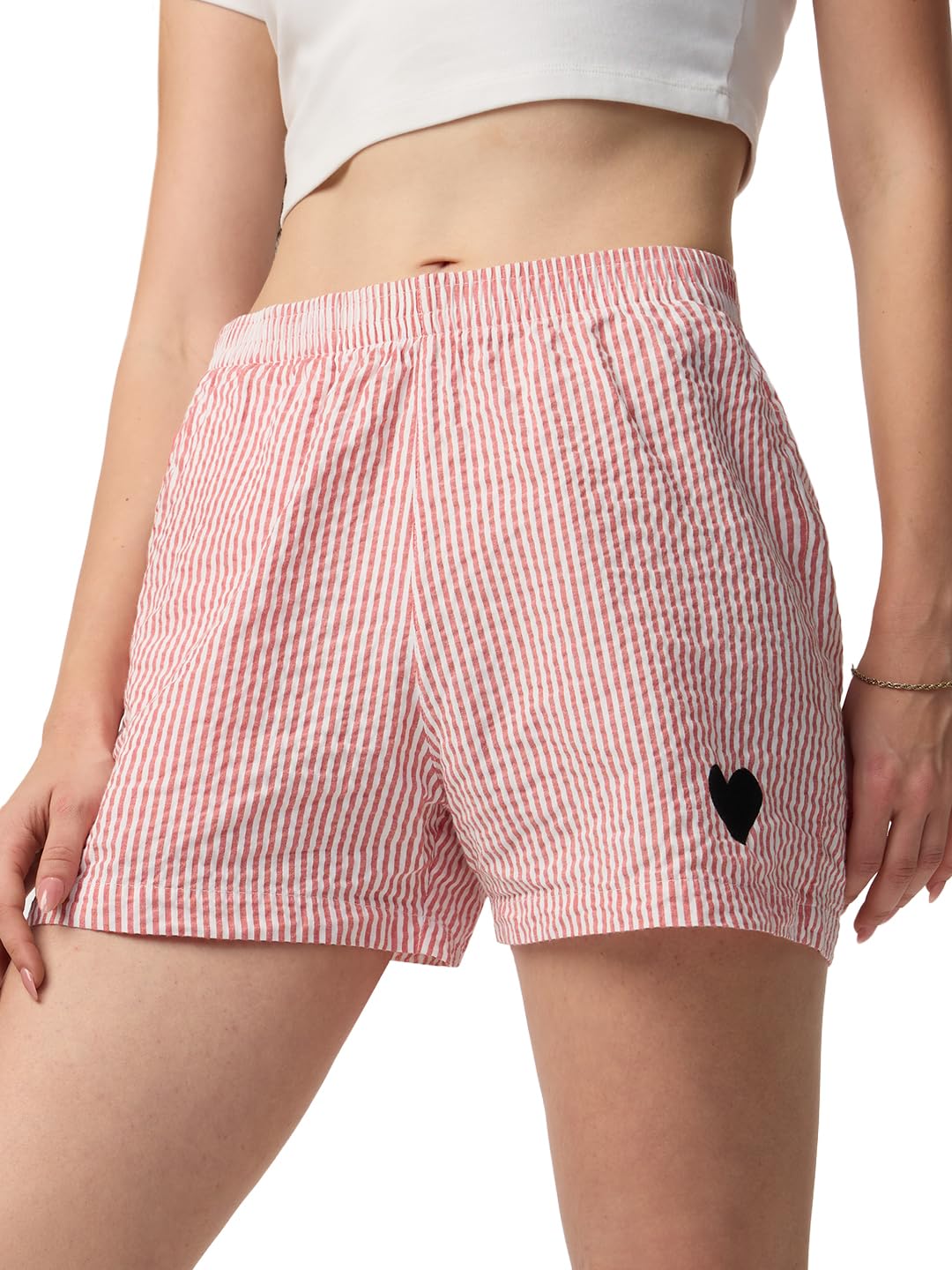 the souled store Classic Boxers: Amour Women Elastic Waistband Red White Striped Embroidered Cotton Blend Regular Fit Lightweight Boxer Shorts-picture-30