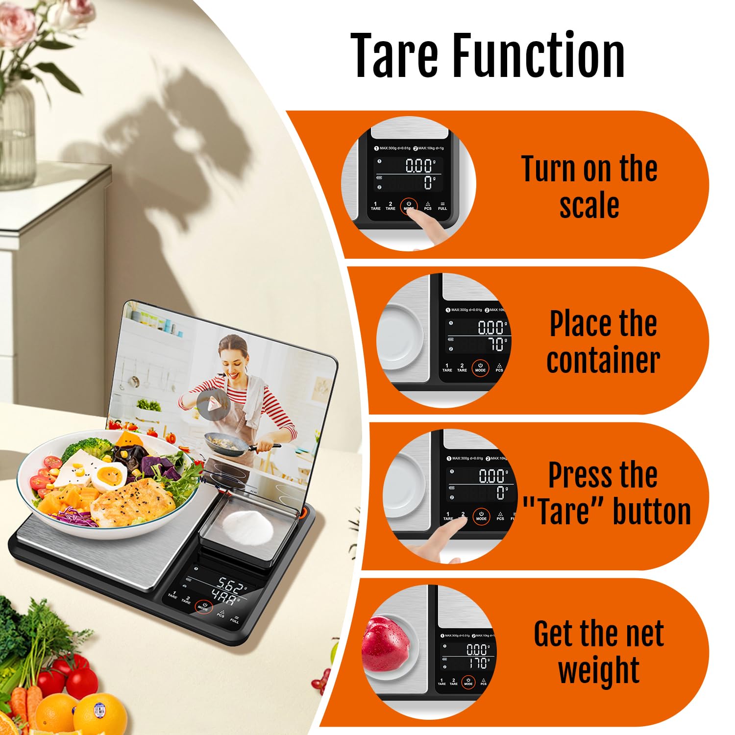 GRAM PRES Báscula digital de cocina y alimentos de doble plataforma, 0,01 g/300 g y 1 g/10 kg