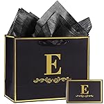momoake Alphabet Birthday Gift Bag with Card and Tissue Paper for Men Women, 13 Large Black Gold Personalized Bridal Party Gift Paper Bag for Gifts Wrapping - (Letter E)