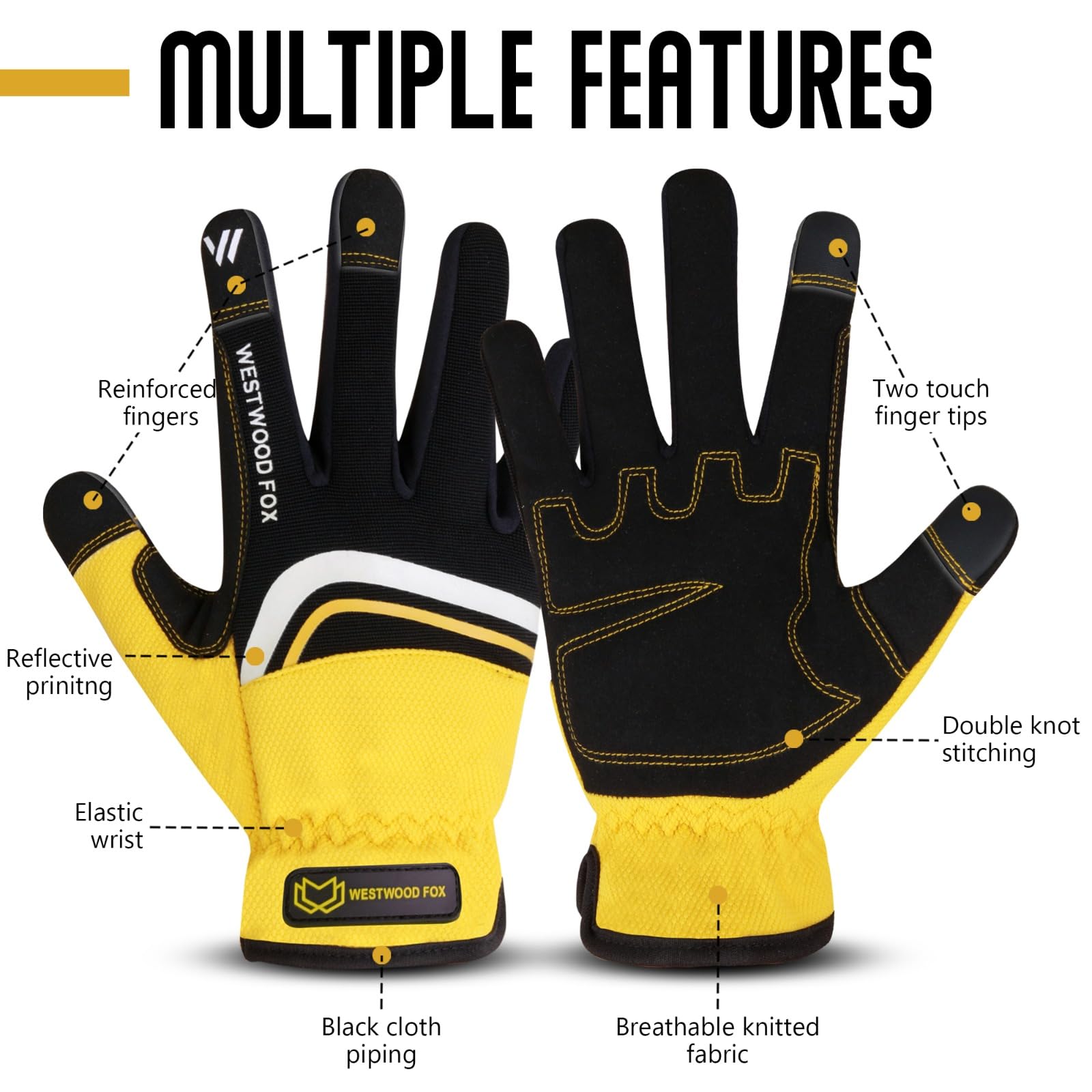 WESTWOOD FOX Gardening Gloves Leather Thorn Safety Working Heavy Duty Work Gloves for Women and Men Garden Tools Mechanic Breathable Gardener Non-Slip Rigger Gloves Protective Gift (Black Yellow - Image 2