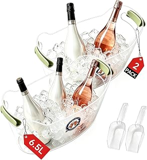 6.5L Clear Plastic Ice Buckets for Parties with 2Pcs Handles and Scoops | Thickened PET Beverage Bucket, Drop-Resistant, Leak-proof, Rust-proof, 2 Pairs Silicone Grip Handles, for Social Gathering