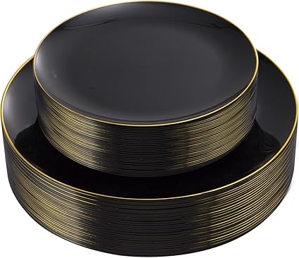 KIRE 60PCS Black Plastic Plates - Black Disposable Plates with Gold Rim for Halloween Party/Graduation - Include 30Pcs 10.25inch for Dinner and 30Pcs 7.5inch for Dessert