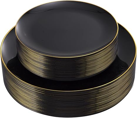 KIRE 60PCS Black Plastic Plates - Black Disposable Plates with Gold Rim for Halloween Party/Graduation - Include 30Pcs 10.25inch for Dinner and 30Pcs 7.5inch for Dessert