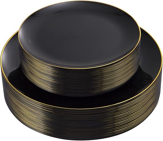 KIRE 60PCS Black Plastic Plates - Black Disposable Plates with Gold Rim for Halloween Party/Graduation - Include 30Pcs 10.25inch for Dinner and 30Pcs 7.5inch for Dessert