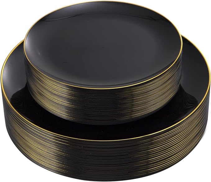 KIRE 60PCS Black Plastic Plates - Black Disposable Plates with Gold Rim for Halloween Party/Graduation - Include 30Pcs 10.25inch for Dinner and 30Pcs 7.5inch for Dessert
