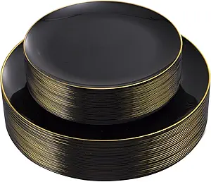 KIRE 60PCS Black Plastic Plates - Black Disposable Plates with Gold Rim for Halloween Party/Graduation - Include 30Pcs 10.25inch for Dinner and 30Pcs 7.5inch for Dessert