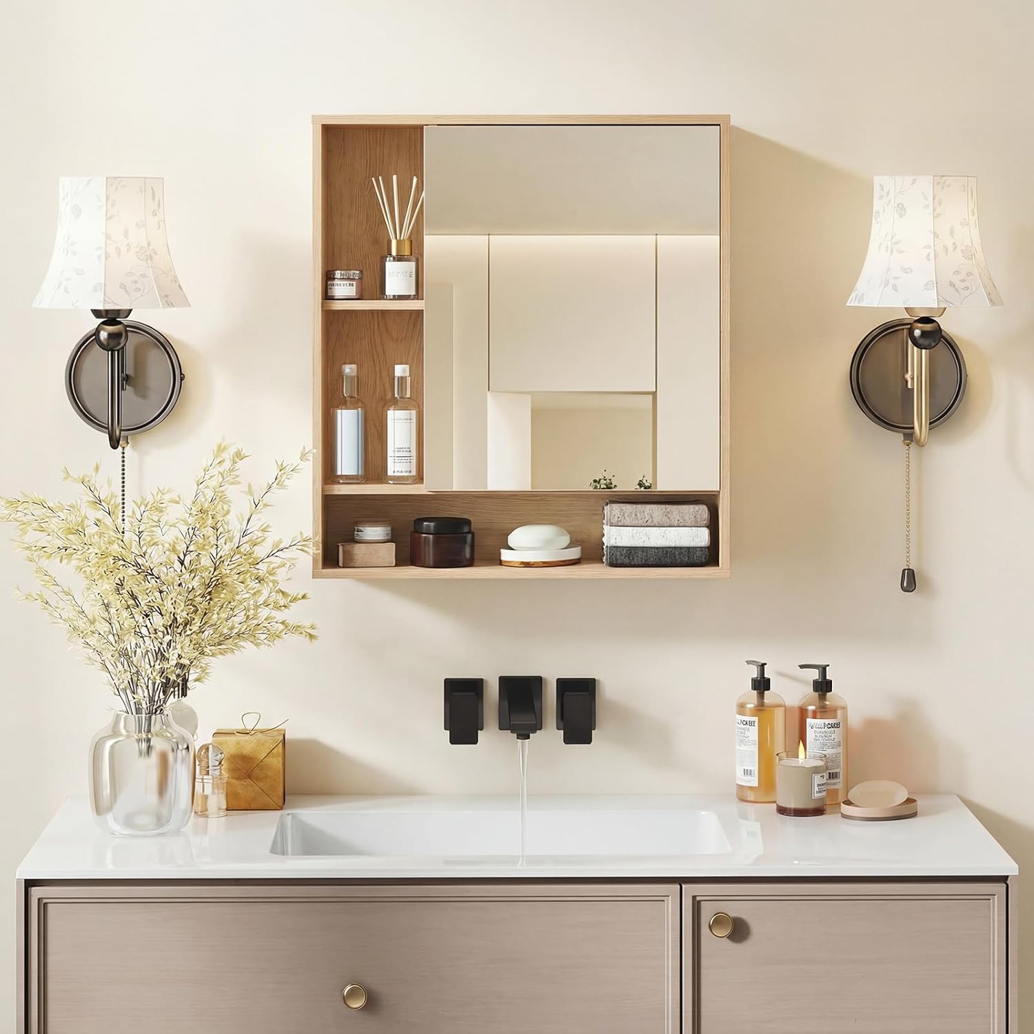 Tangkula Bathroom Cabinet with Mirror, Wall Cabinet with Mirrored Door, 3 Open Cubes, Adjustable Shelf, Wooden Grain Finish, Space-Saving Modern Storage Organizer for Living Room, Entryway (Natural)