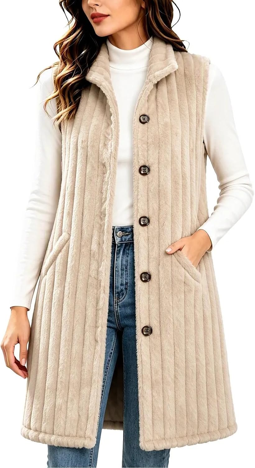 Women's Classic Long Vest Button Front Fuzzy Sleeveless Vest Coat
