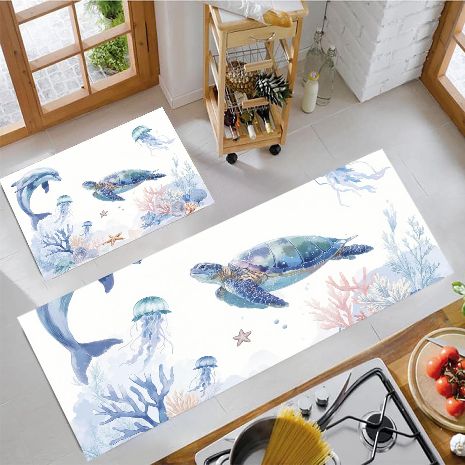 Tapis de cuisine antidérapant aquarelle bleu 50x80+50x150cm