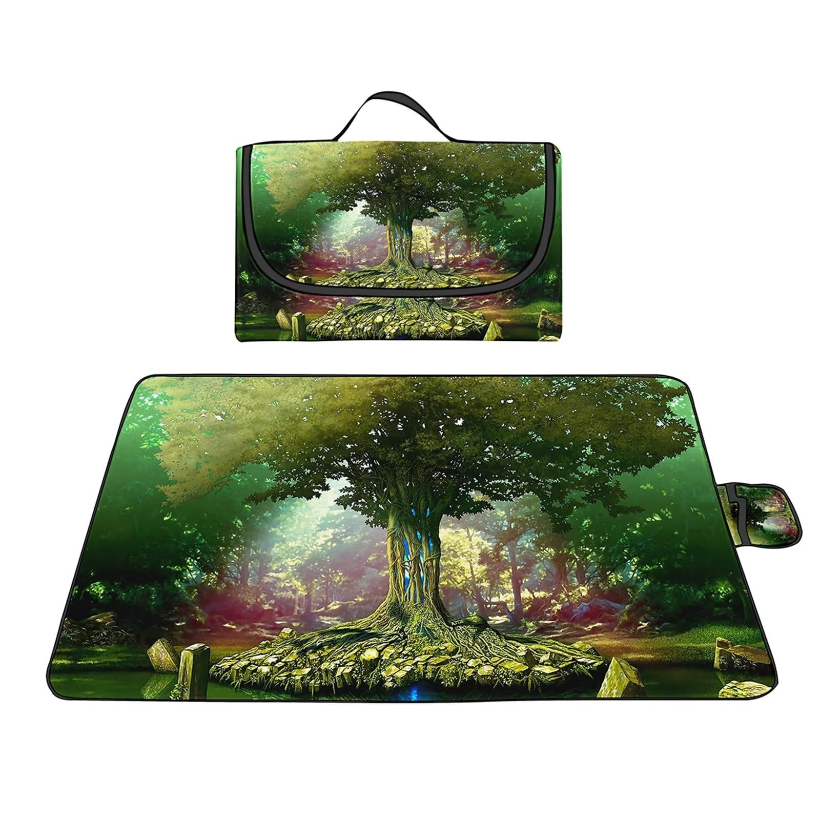 Manta Picnic Impermeable 100x150cm,Lavable Picnic Blanket,Ultrasónica Mantel Picnic,con Mango Multifunción para Acampar Playa Parque de Senderismo,Árbol Verde