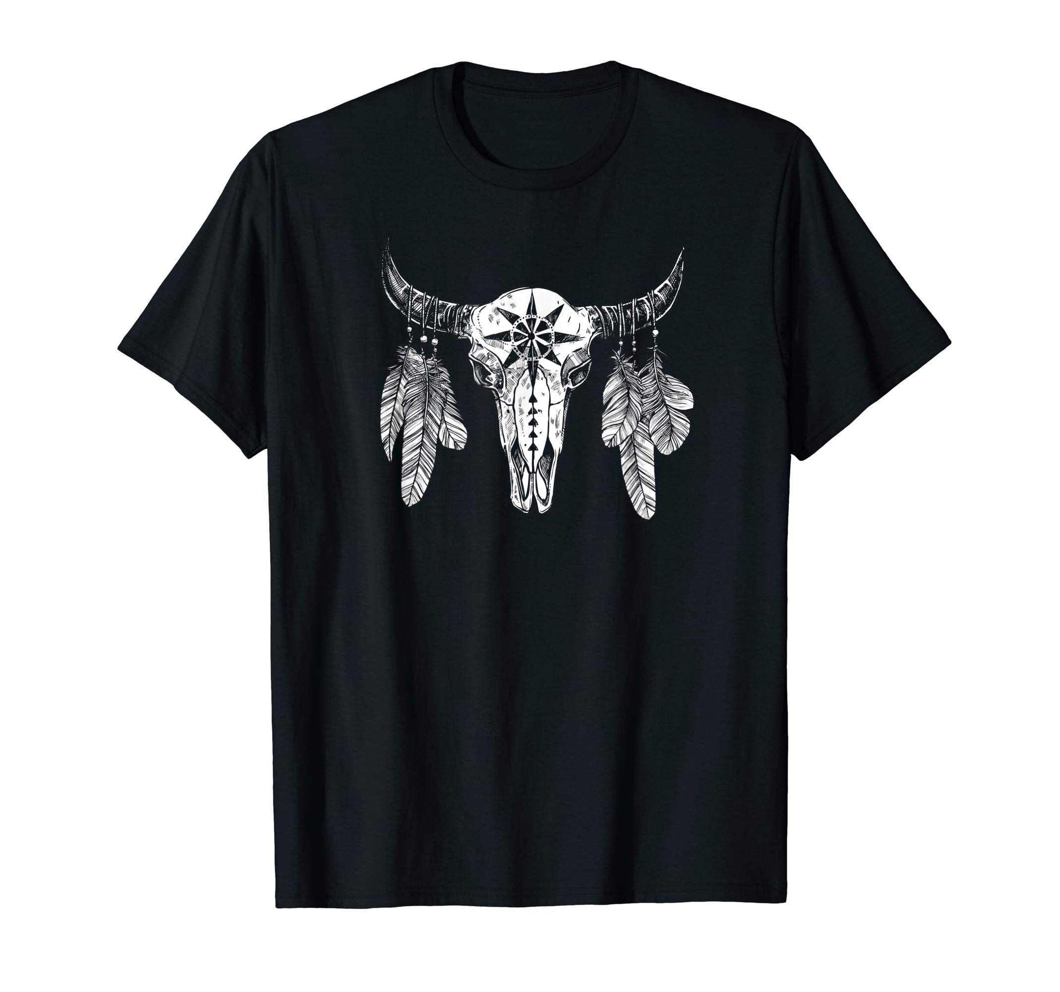 Bull Skull TShirt Tribal Design Feathers Eagle Wolf Mountain T-Shirt