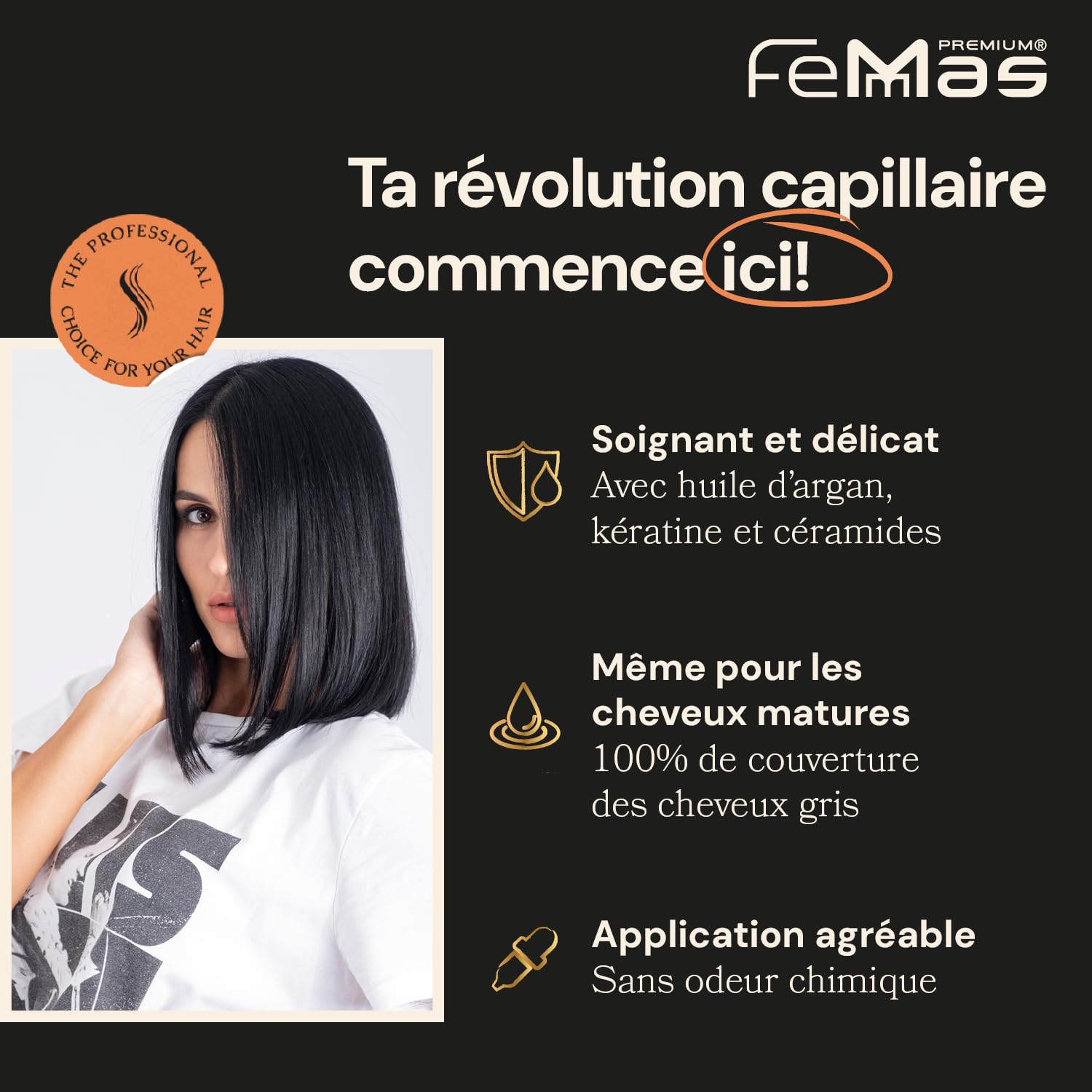 FemMas teinture pour cheveux Noir 1 3x I Crème colorante à l'huile d'argan, kératine et céramides I Coloration permanente ou teinture pour des résultats éclatants et durables I 100 ml