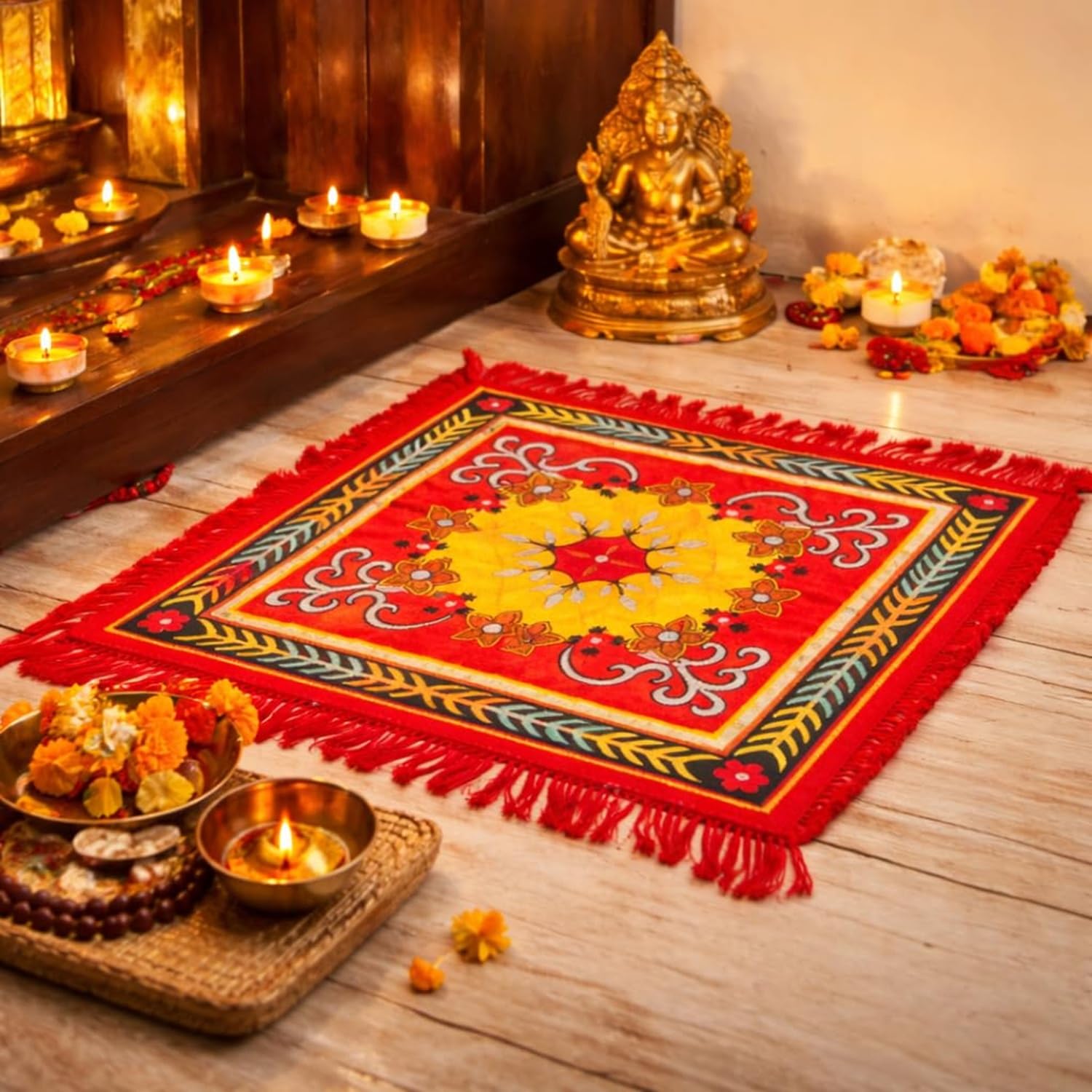 Velvet Cushioned and Light Weight 61 x 62 cm Floral Aasan or Puja Mat for Worship, Meditation and Prayer at Temples, During Festivals and in Spiritual Spaces (Pack of 1, Red)-picture-33