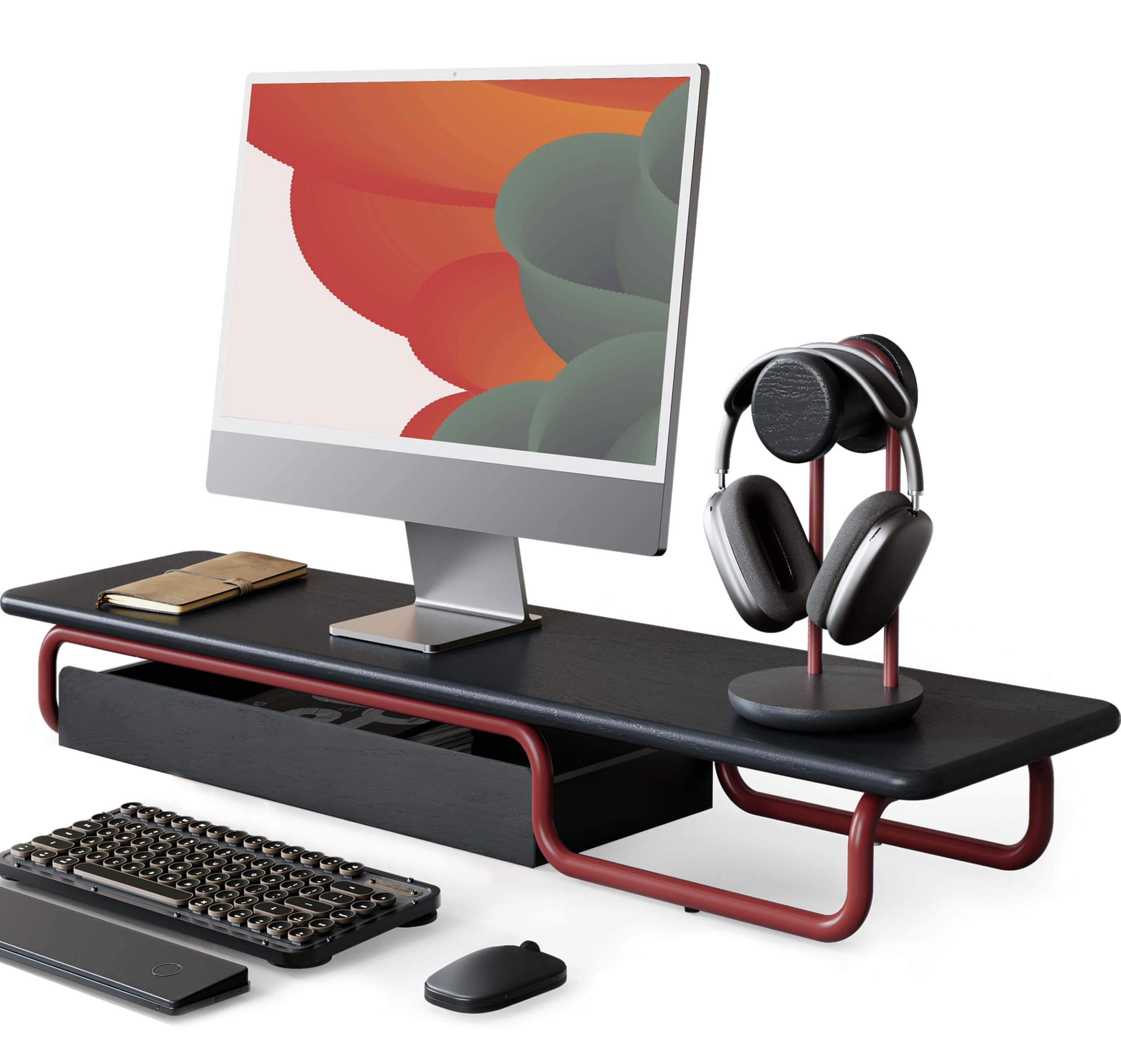 Fenge Supporto Monitor Scrivania, per 2 Schermi, 95x 25x 12,4cm, Legno Massello e Ferro, Non Installazione, fino 50kg, Monitor Stand con Cassetti, Porta PC laptop stampante TV (Nero + Rosso)