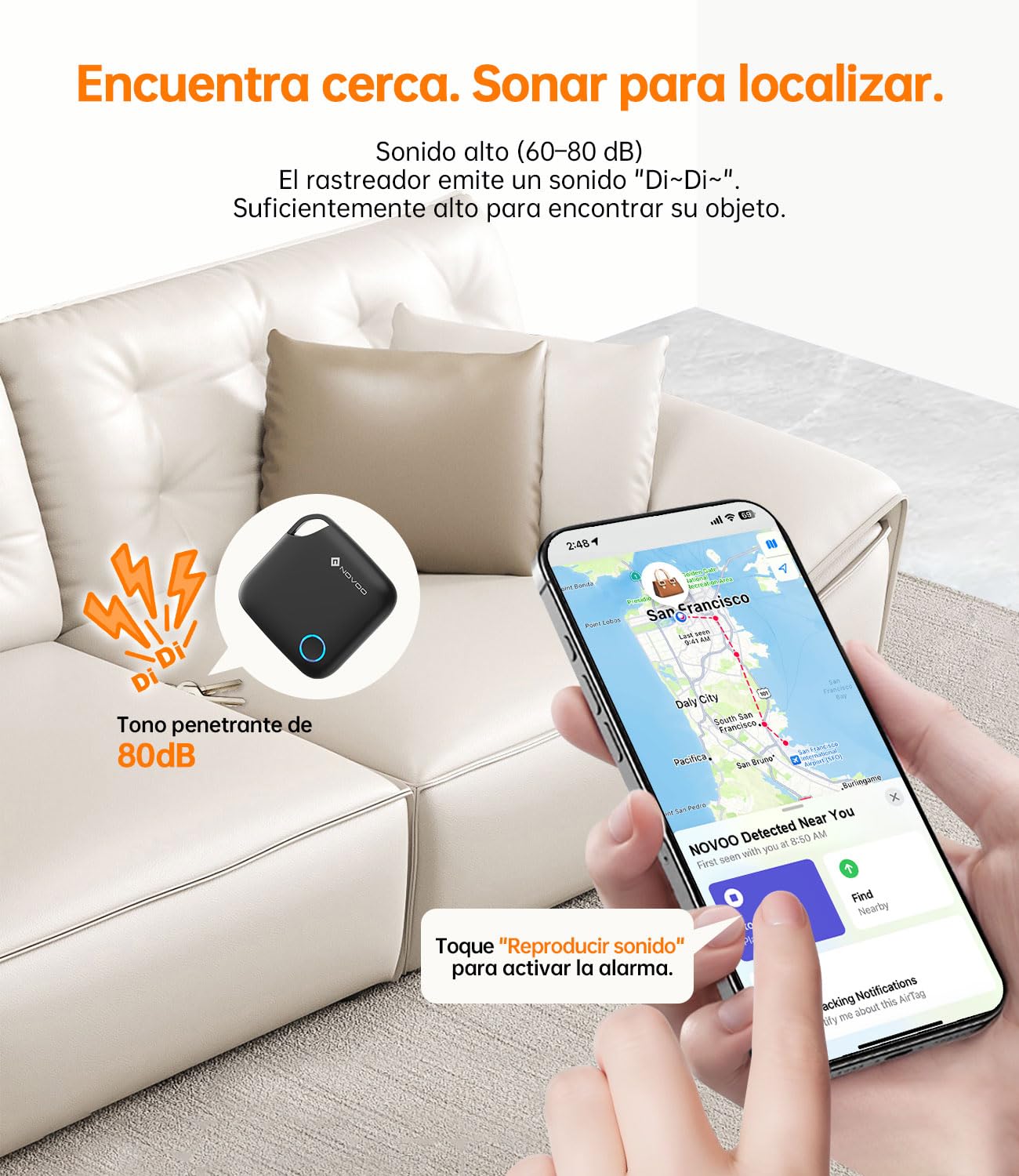NOVOO Smart Tag avec Apple Find My (iOS Uniquement), Localisateur d'objets avec Alarme 80 DB, Batterie remplaçable avec Verrouillage Enfant, Tracker pour clés, Portefeuille et Bagages, 4 pièces