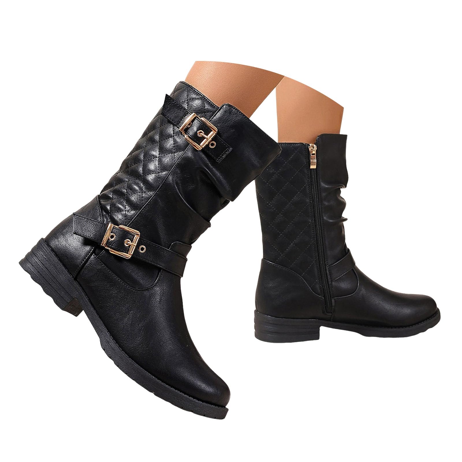 ZSpzx Women Mid Calf Riding Boots Slouchy Leather Buckle Straps Punk Chunky Block Heels Side Zip Round Toe