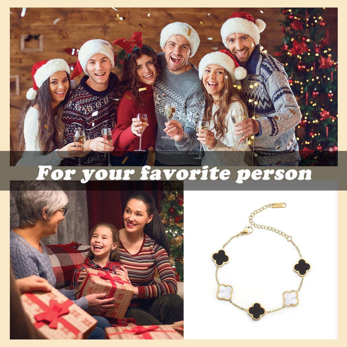 Women's Four Leaf Clover 18K Gold Plated Lucky Bracelet, White/Black/Red/Blue Four Leaf Flower Adjustable Bracelet Women's Fashion Jewelry Gifts - Image 5