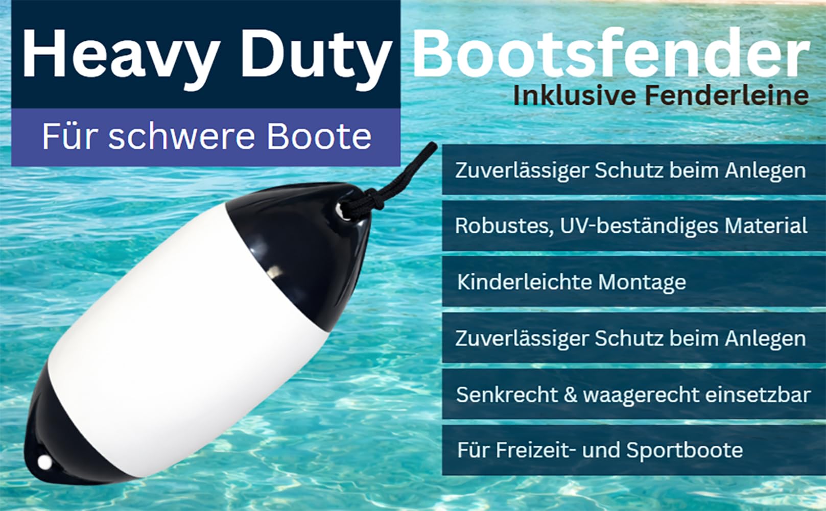 Bootsfender Langfender Heavy Duty – Robuster Stegfender für Motorboot & Yacht inkl. Fenderleine, zuverlässiger Schutz beim Anlegen 15 x 61 cm - Robuste Ausführung