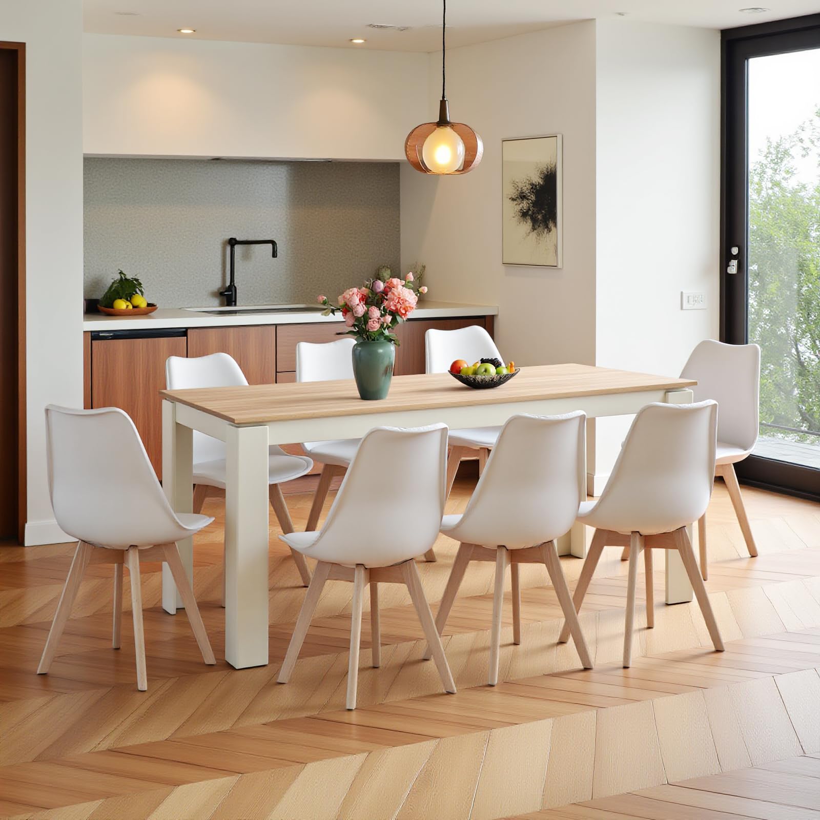 Set da pranzo scandinavo con 8 sedie bianche e tavolo da 160 cm, mobili moderni per un'elegante decorazione della casa, soluzione elegante e funzionale per sala da pranzo