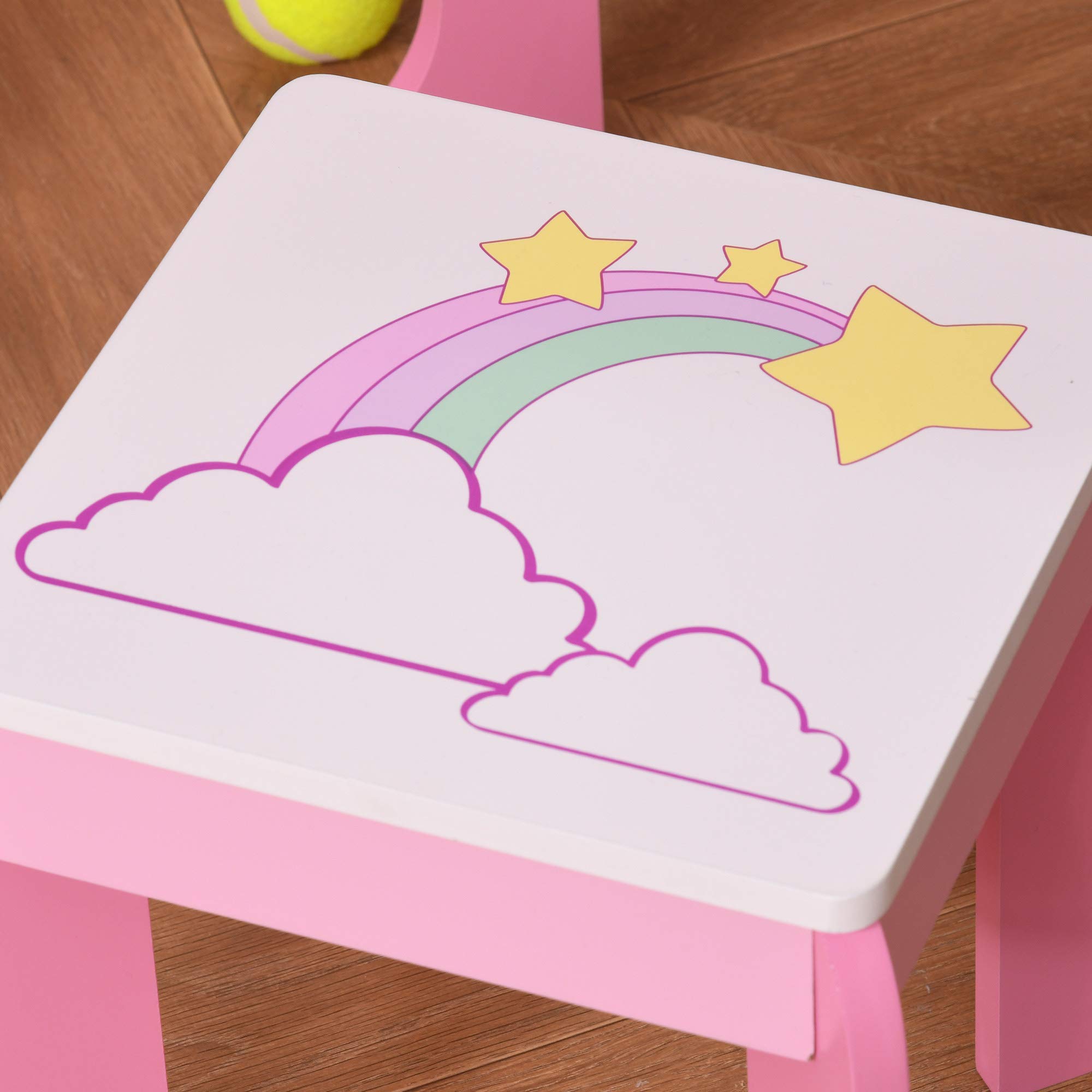 HOMCOM - Tocador infantil con diseño de unicornio, taburete incluido. 49 x 34 x 90 cm – cajón, espejo – MDF – rosa blanco